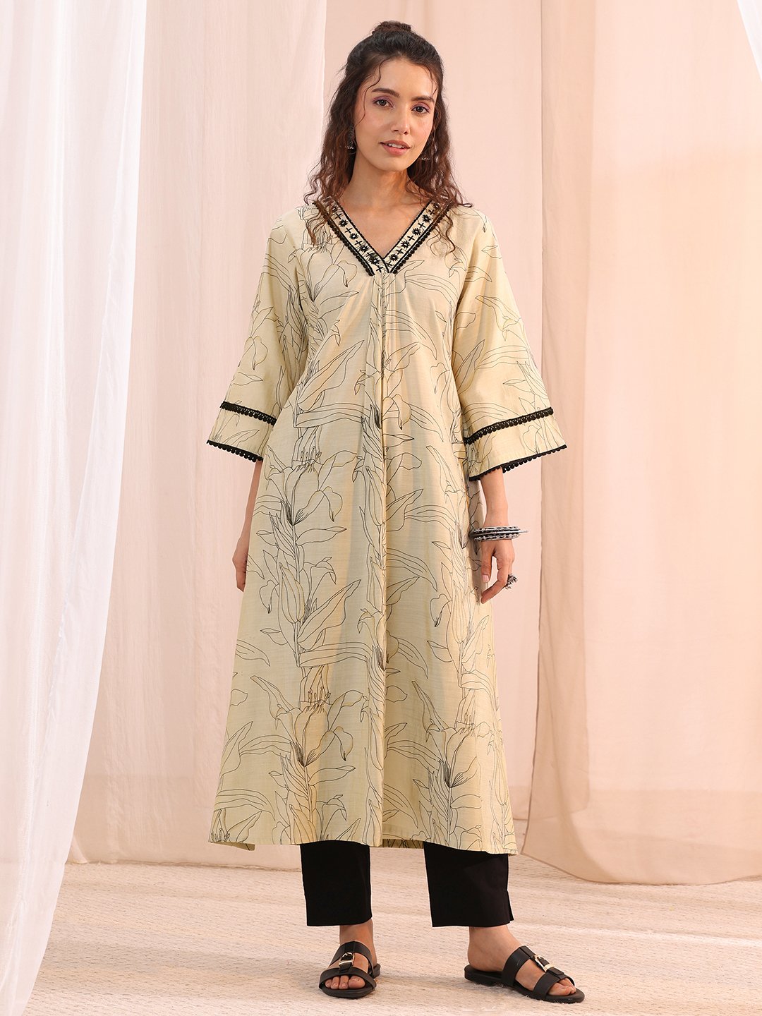 Off White Printed Silk Blend A-Line Kurta