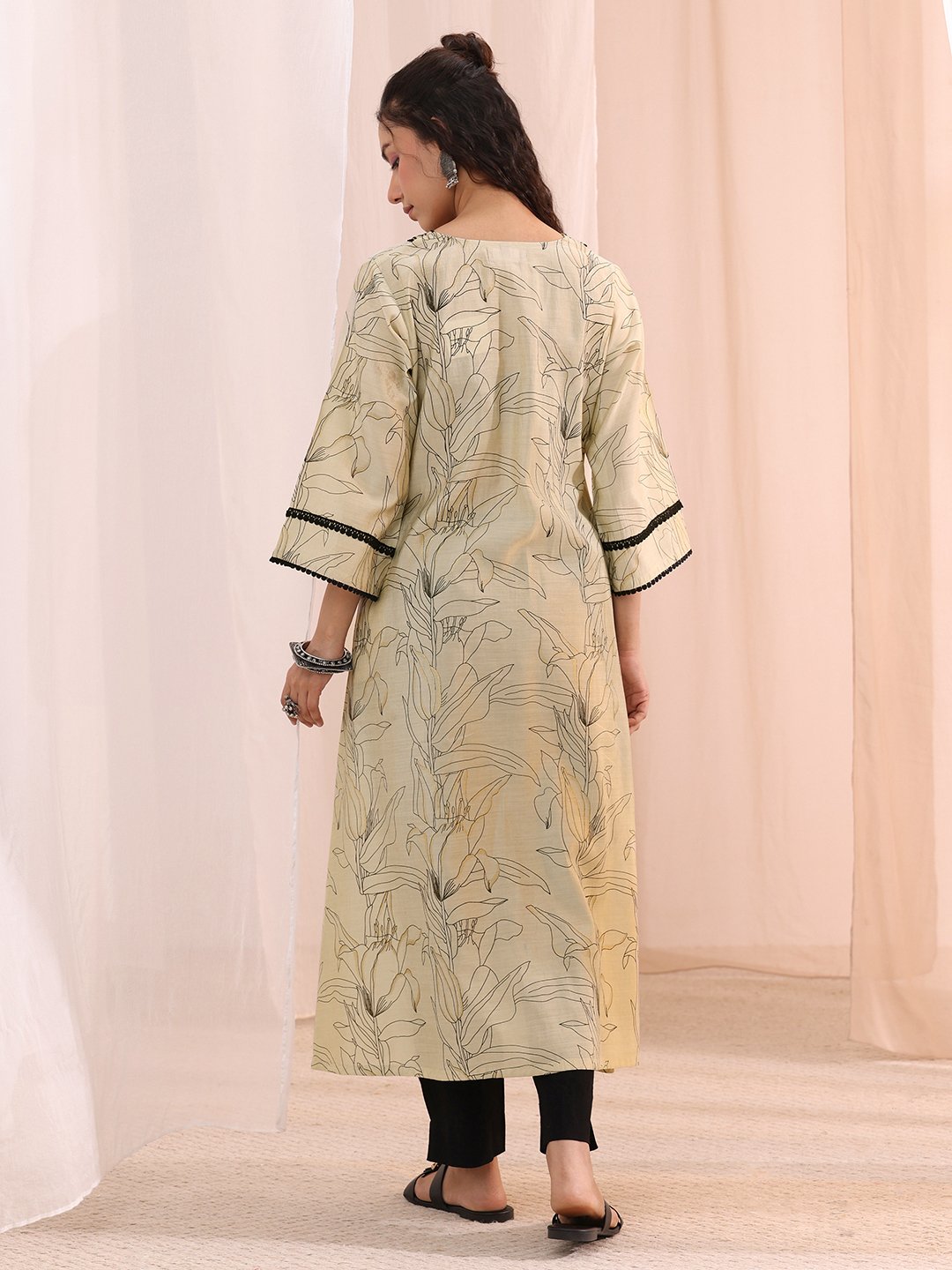 Off White Printed Silk Blend A-Line Kurta