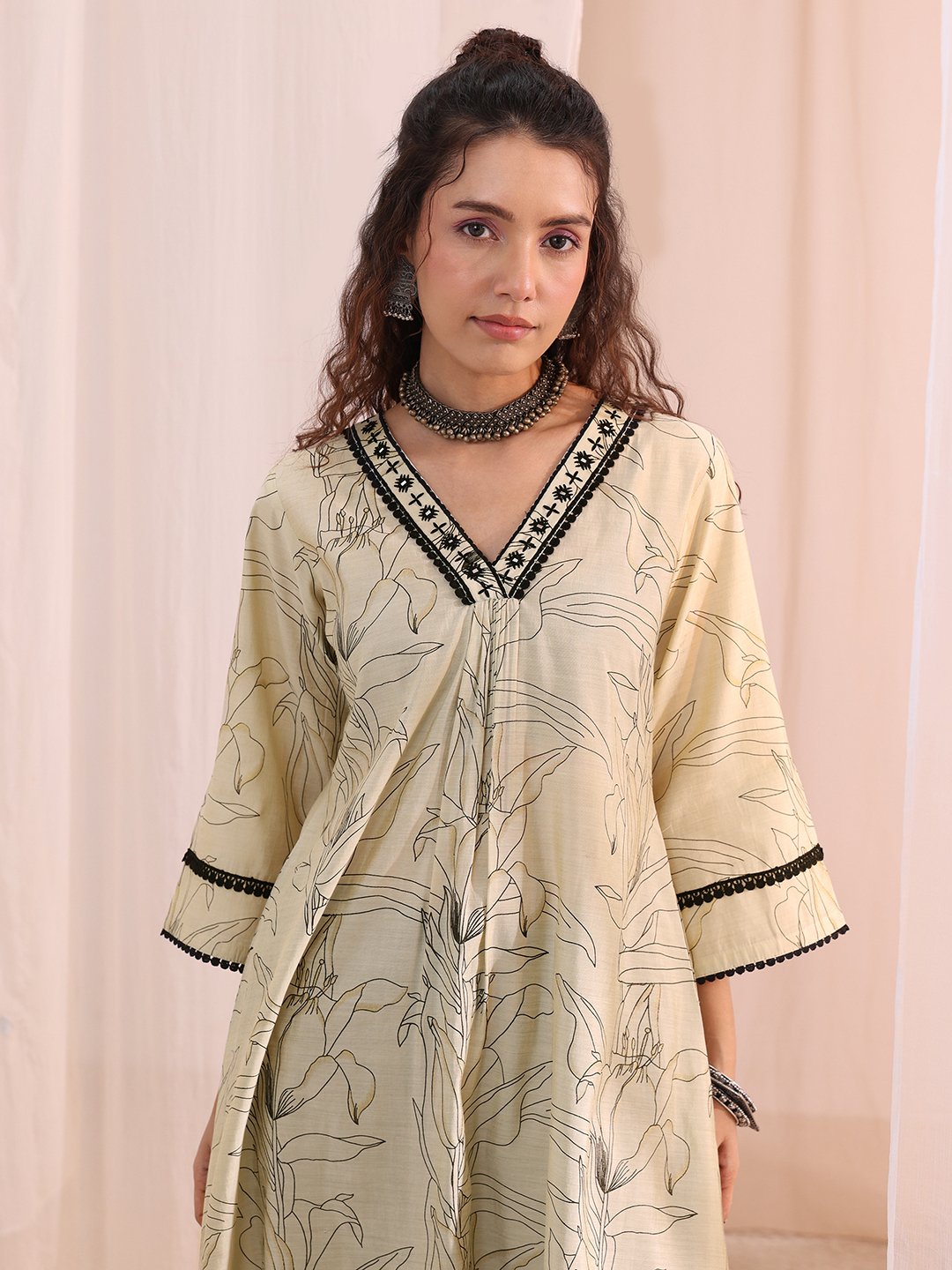 Off White Printed Silk Blend A-Line Kurta