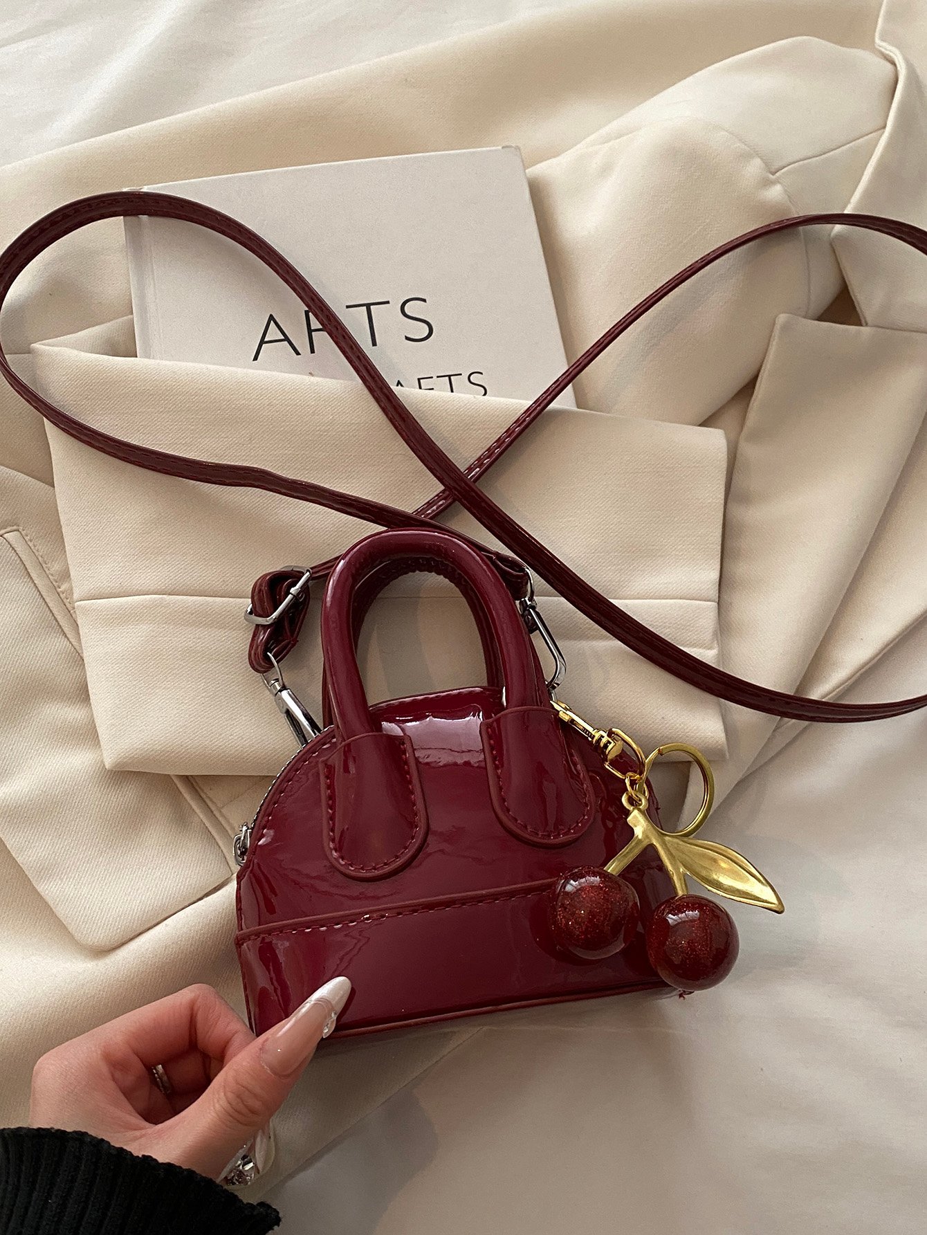 Burgundy Patent Cherry Charm Crossbody Bag