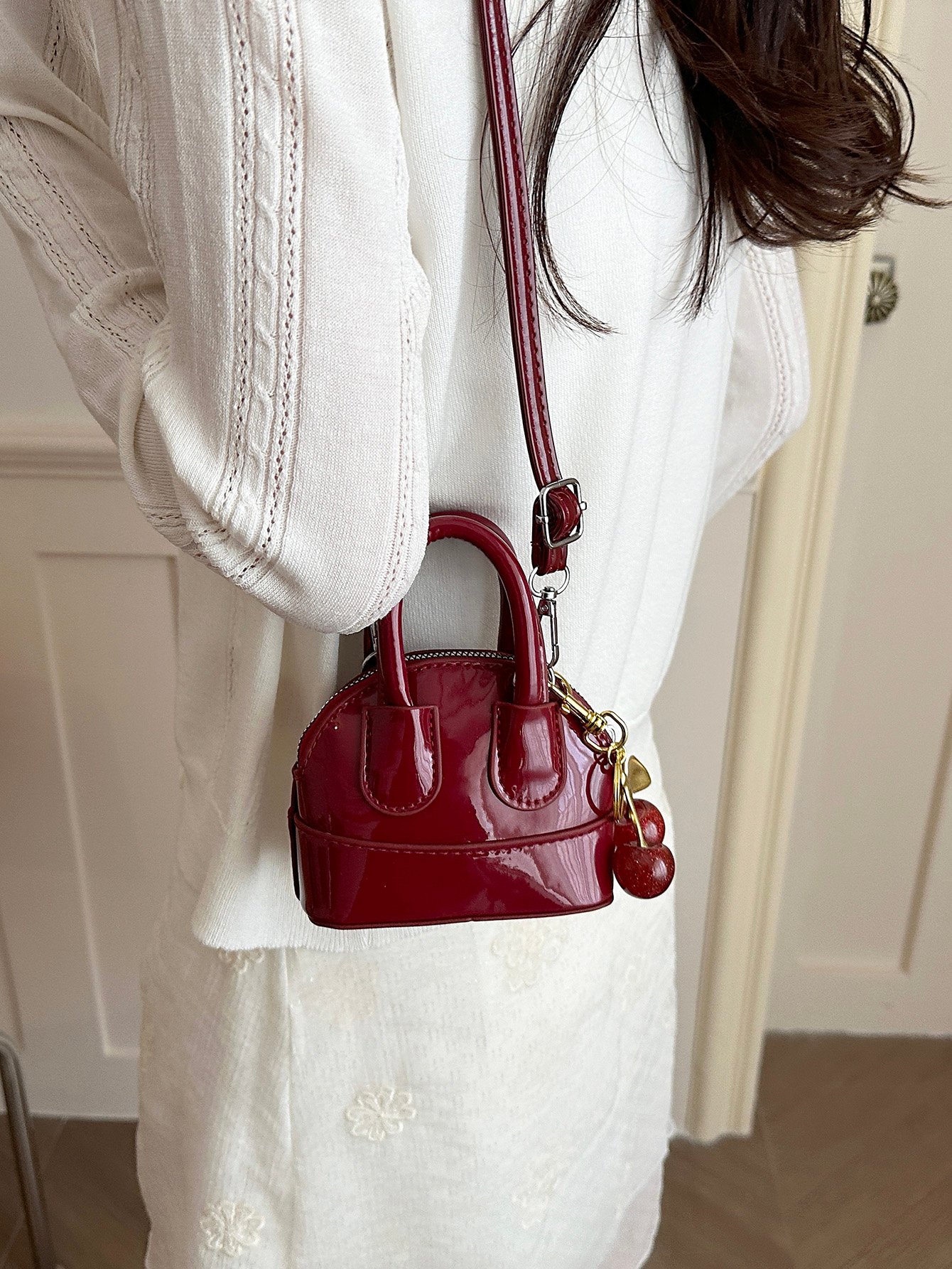Burgundy Patent Cherry Charm Crossbody Bag