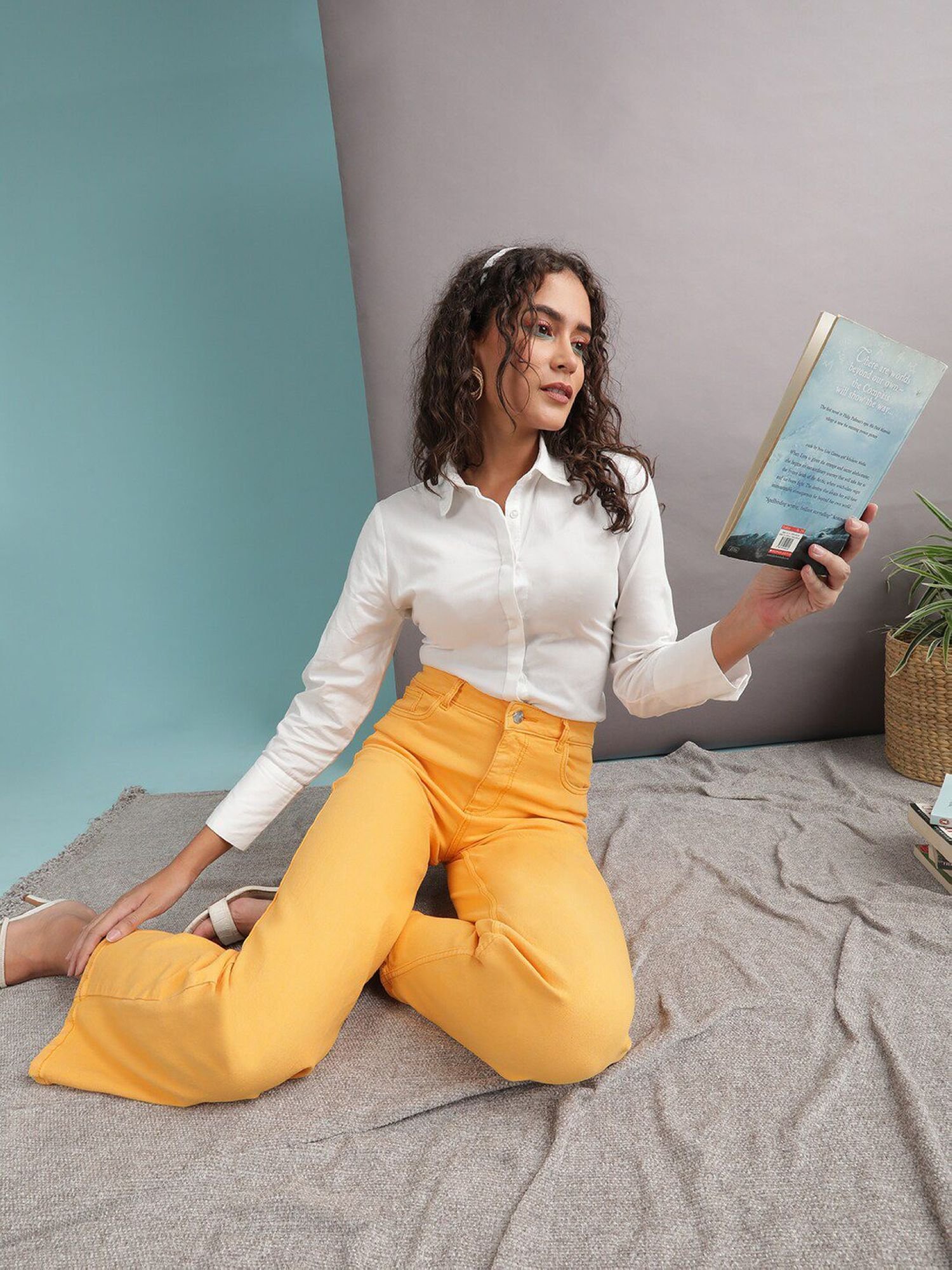 Yellow Wide Leg High-Rise Stretchable Jeans