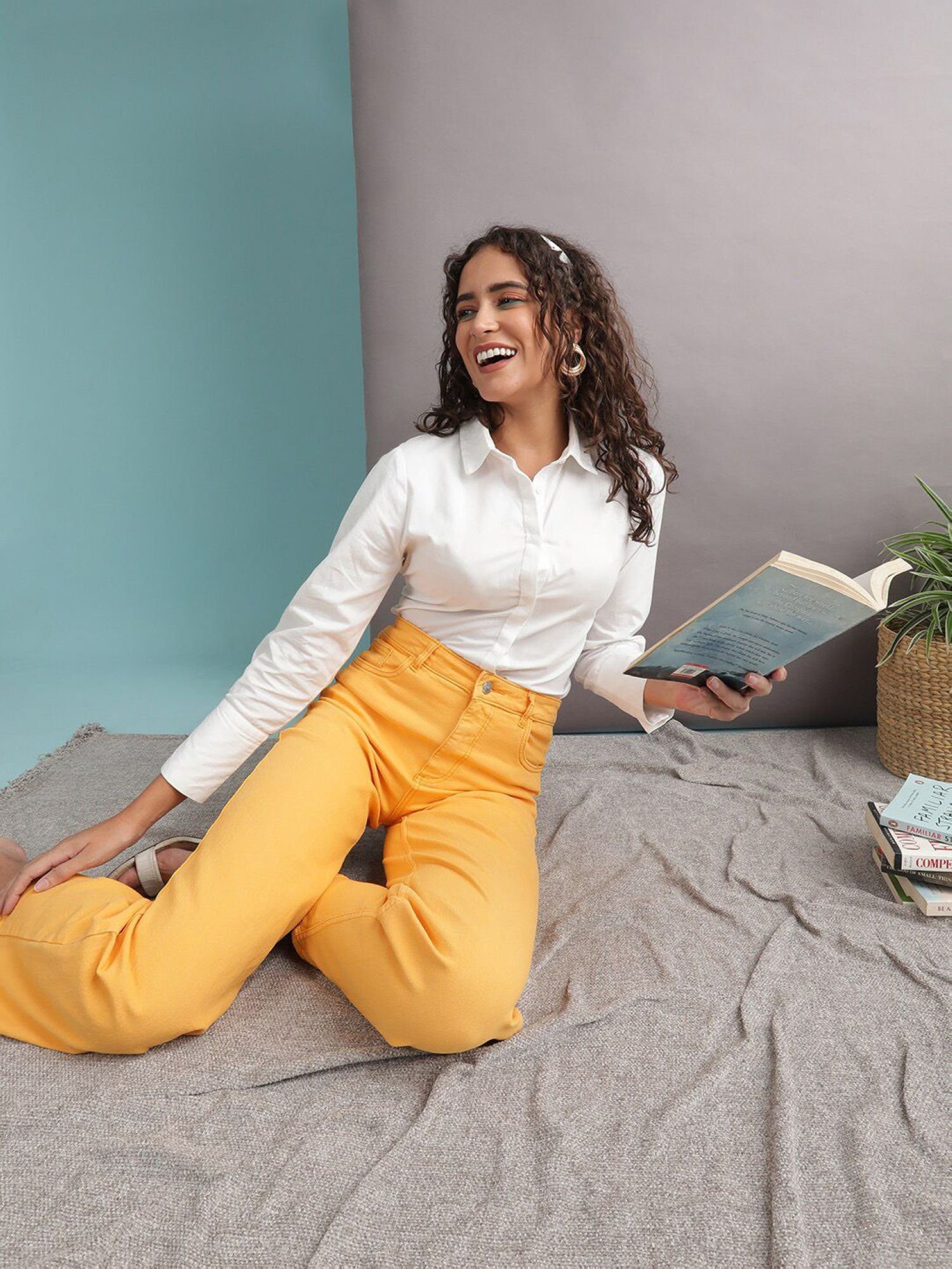 Yellow Wide Leg High-Rise Stretchable Jeans