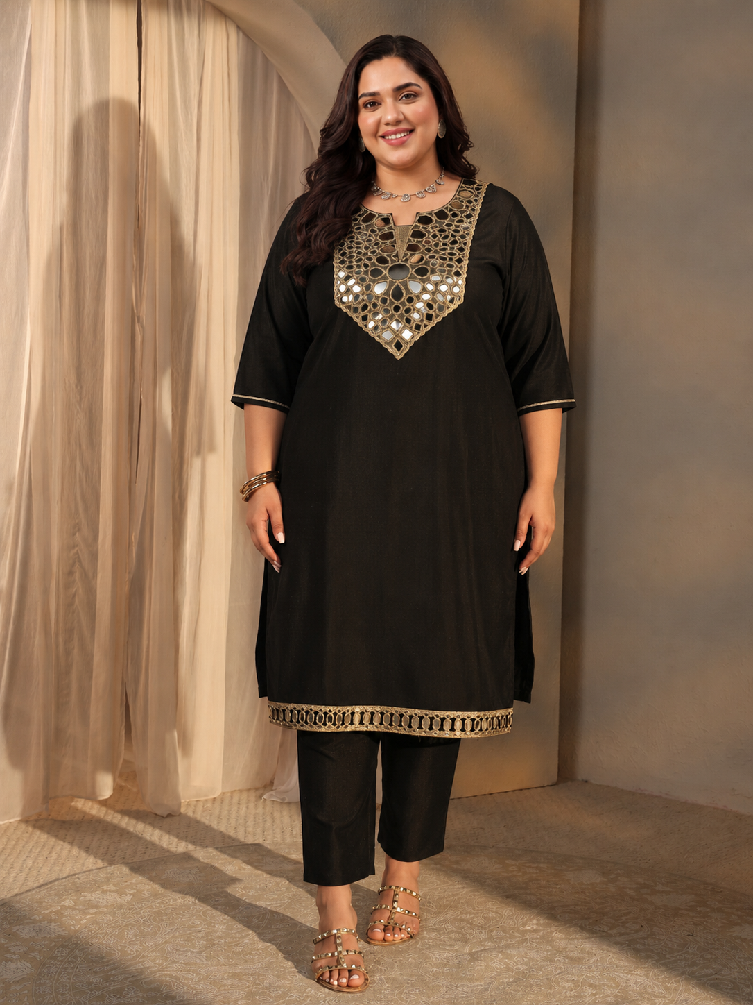 Plus Size Embellished Silk Blend Straight Kurta and Straight Pants Set
