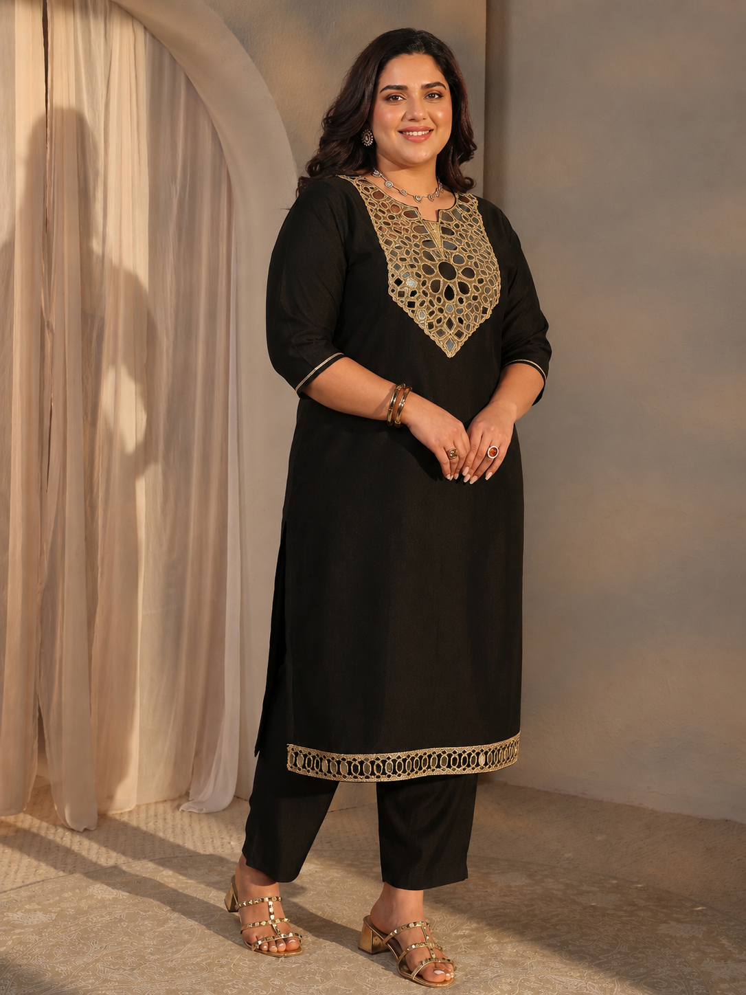 Plus Size Embellished Silk Blend Straight Kurta and Straight Pants Set