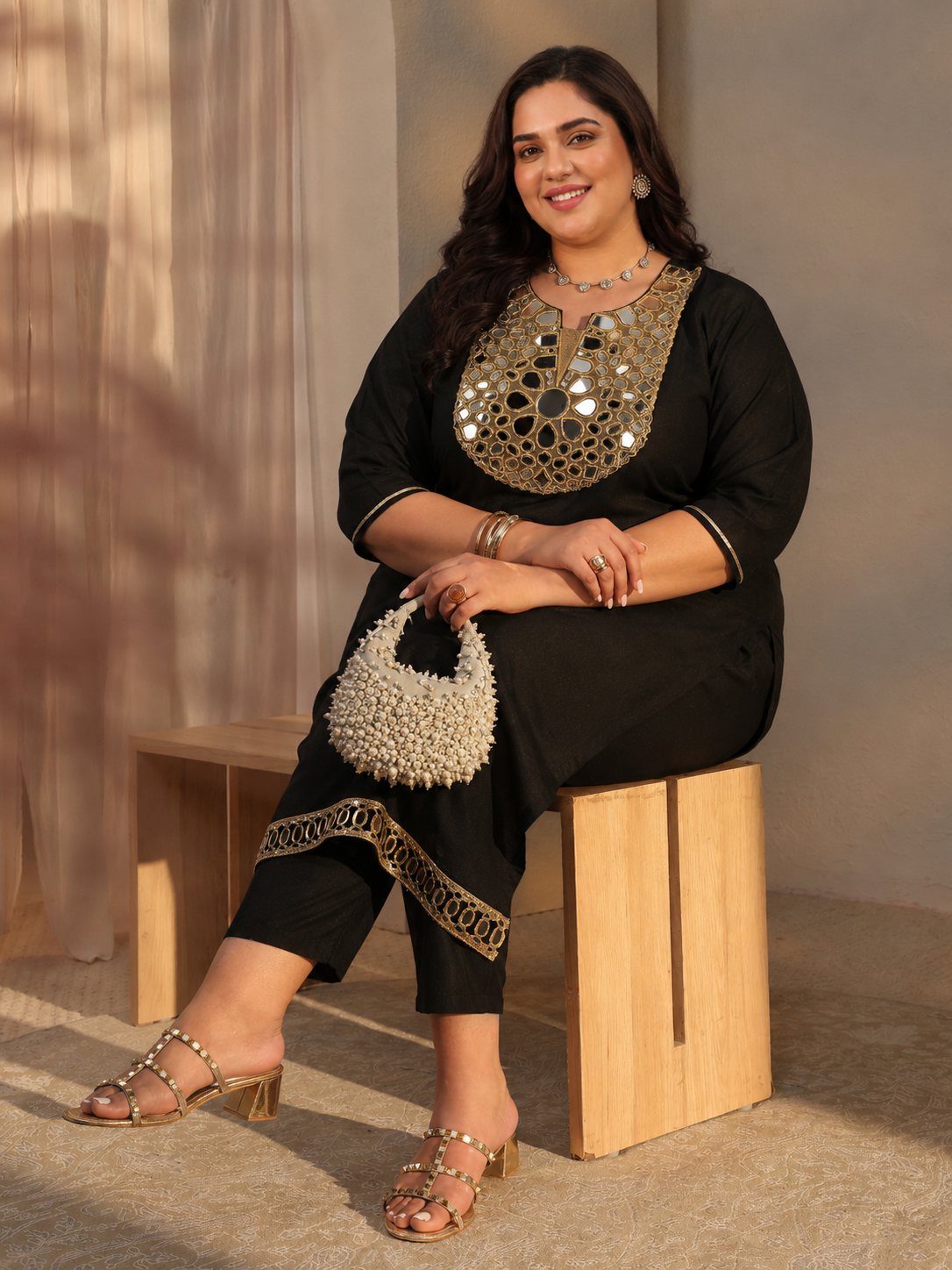 Plus Size Embellished Silk Blend Straight Kurta and Straight Pants Set