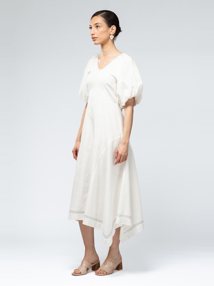 Asymmetric Midi Dress with Puff Sleeves