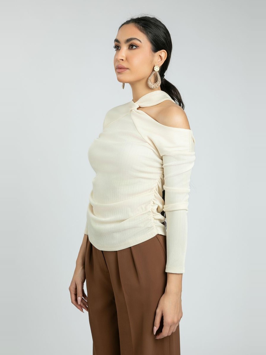 Women Ruched Cut Out Shoulder Blouse
