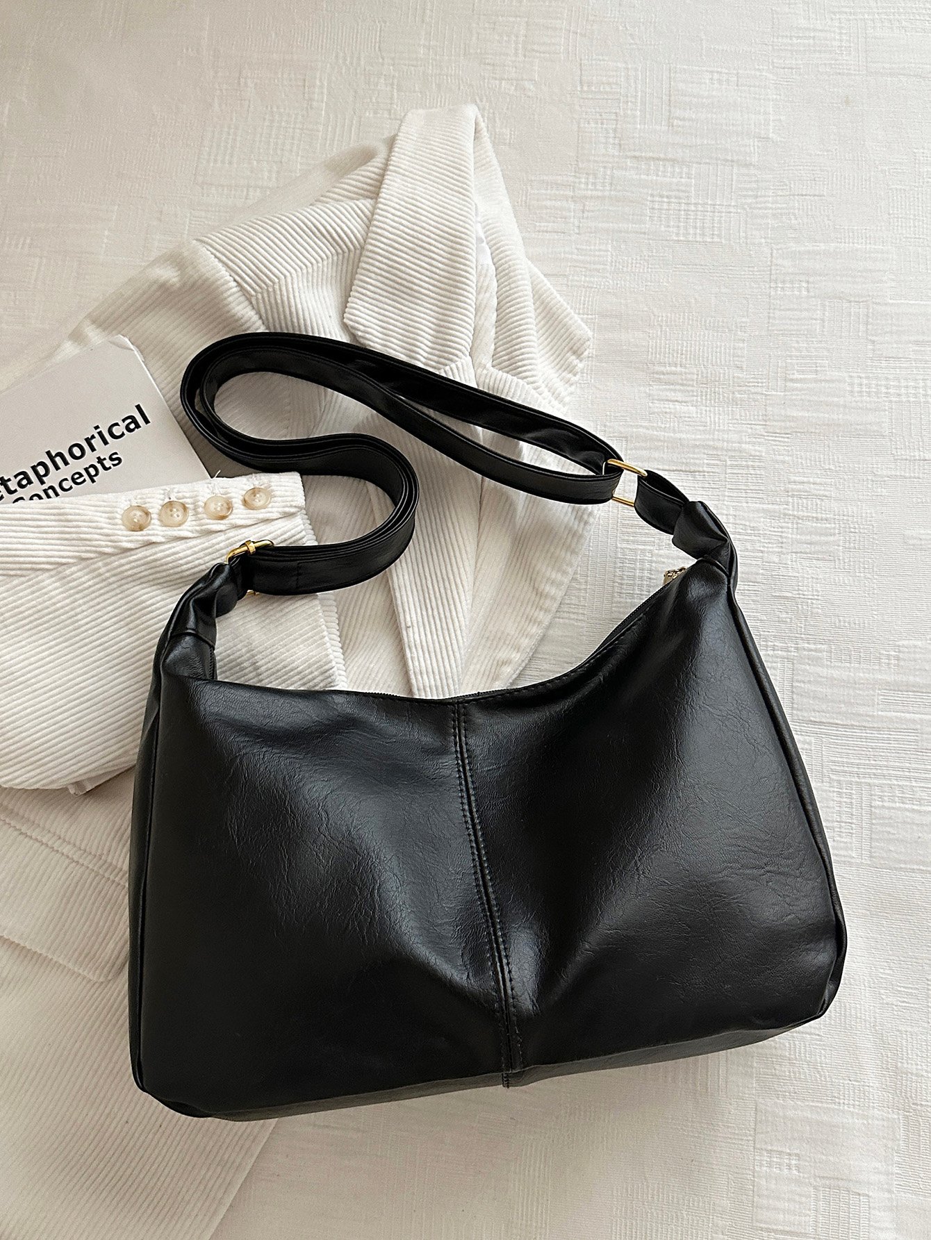 Black Faux Leather Shoulder Tote Bag