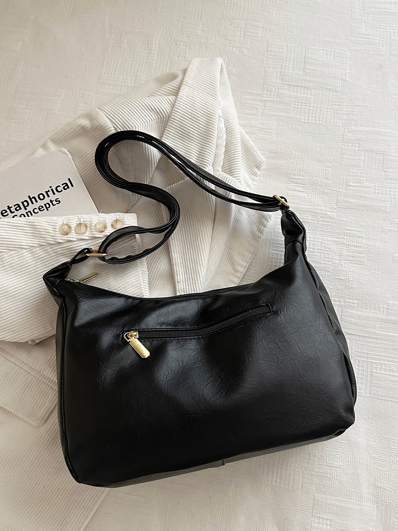 Black Faux Leather Shoulder Tote Bag