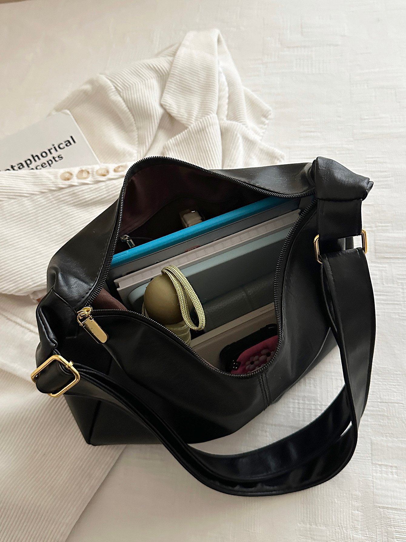 Black Faux Leather Shoulder Tote Bag