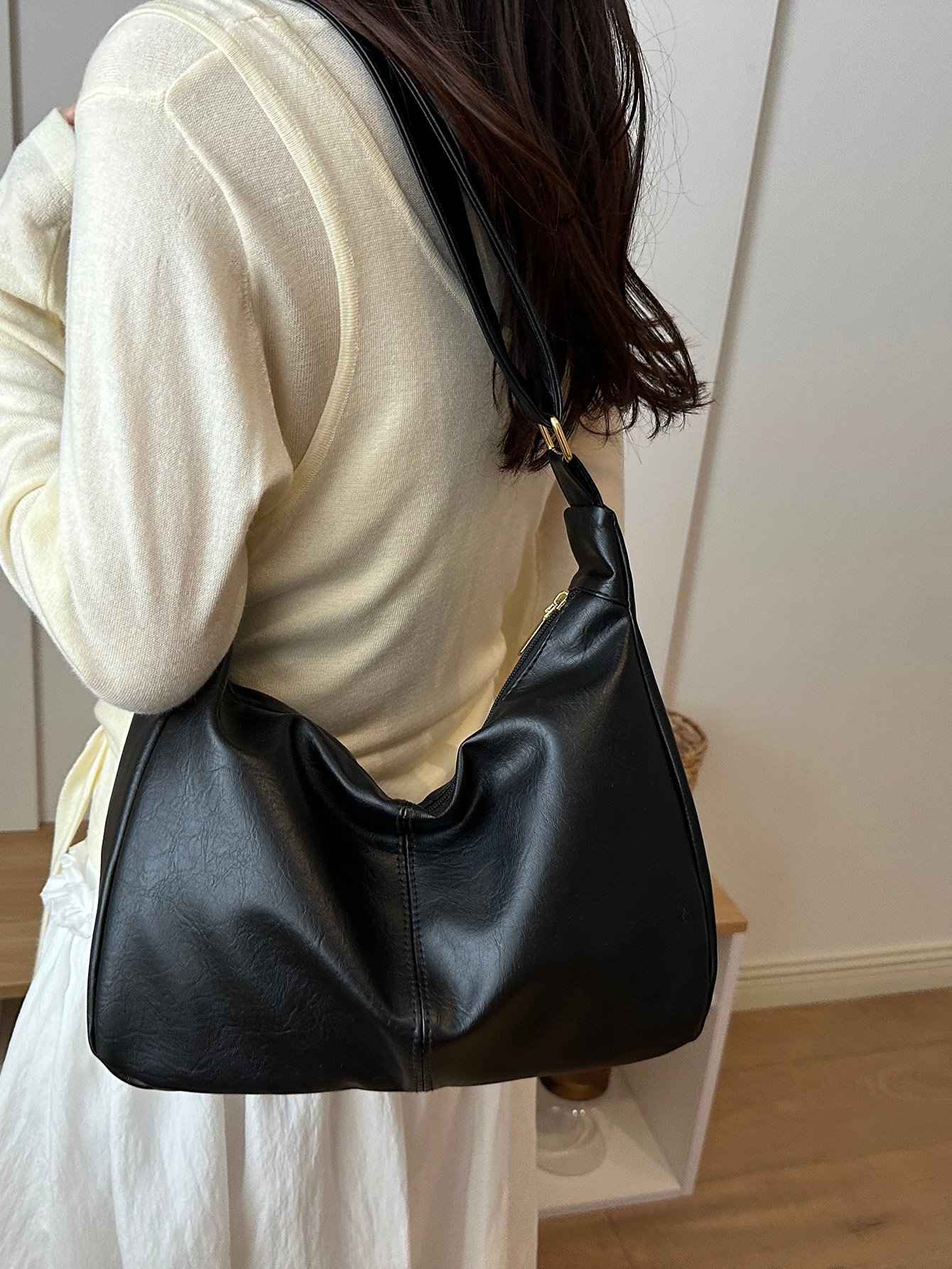 Black Faux Leather Shoulder Tote Bag