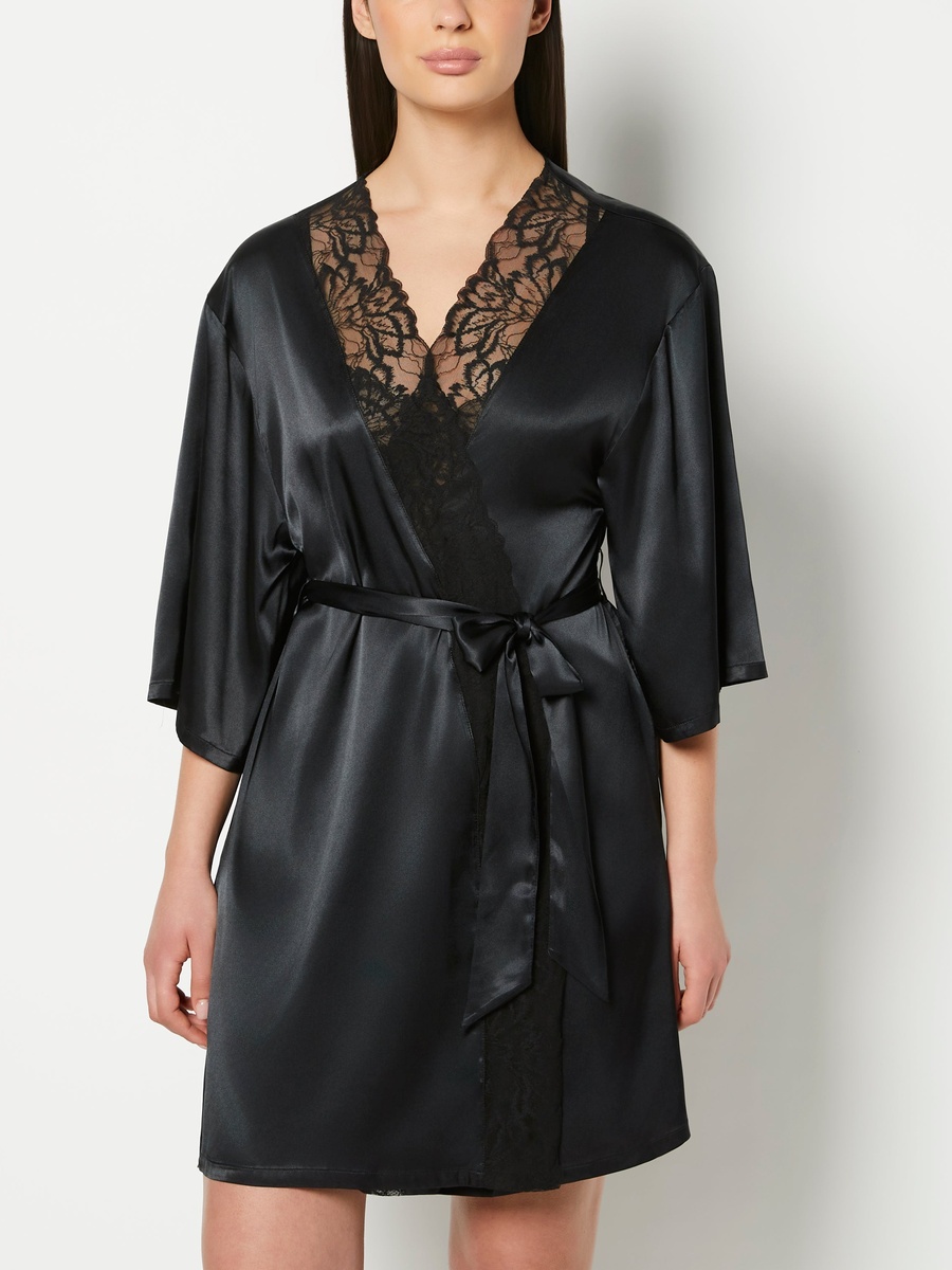 Black Satin Robe with Lush Lace Trim