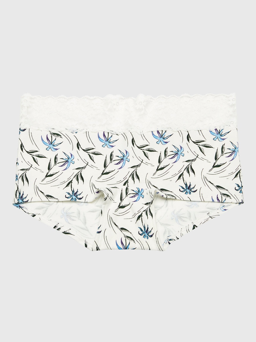 White Printed Boyshorts with Lace Trim