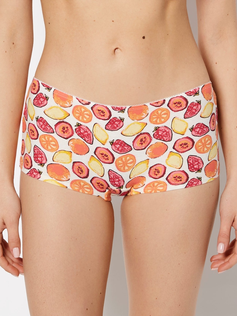 Cream Printed Cotton Boyshorts with Picot Trim