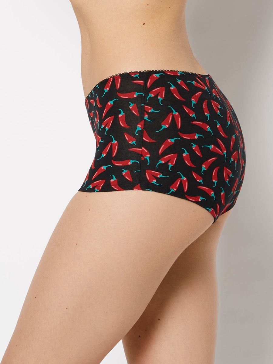 Black Printed Cotton Boyshorts with Picot Trim