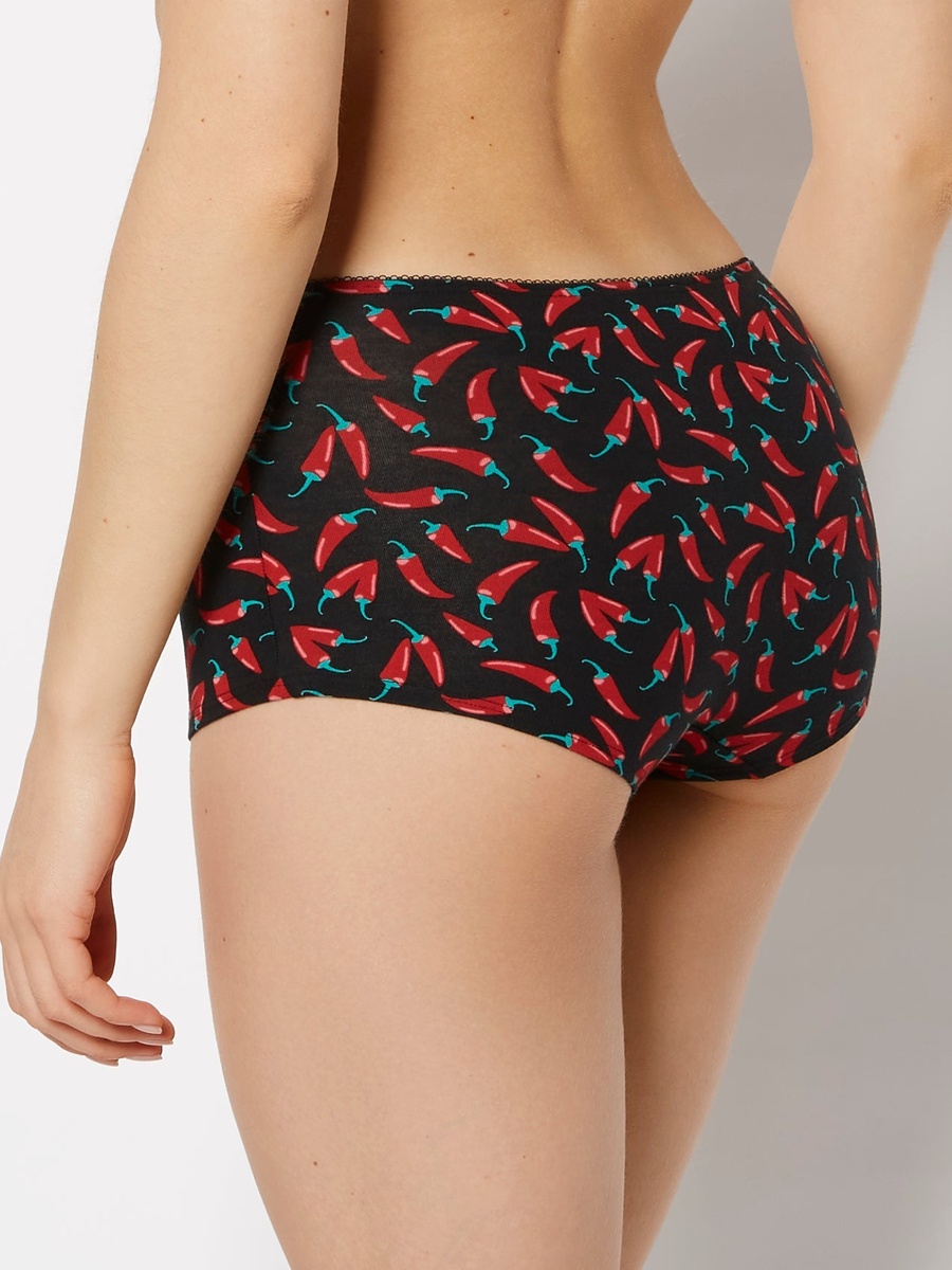 Black Printed Cotton Boyshorts with Picot Trim