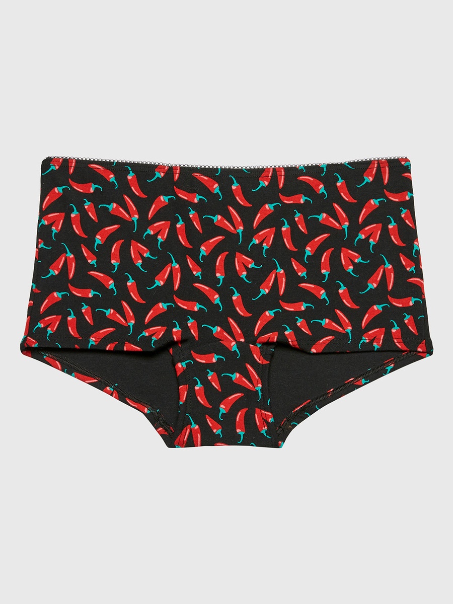 Black Printed Cotton Boyshorts with Picot Trim
