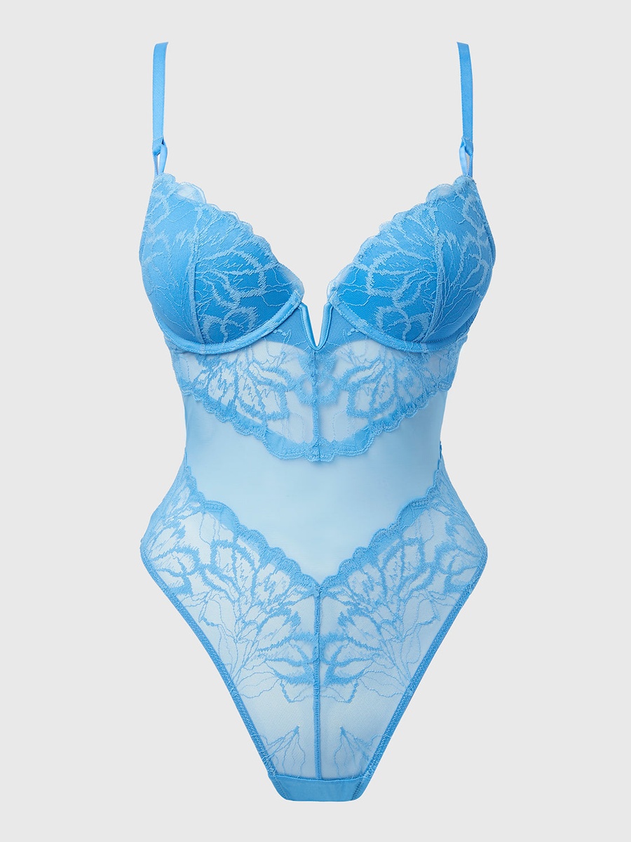 Blue Push Up Plunge Bodysuit with Lush Lace