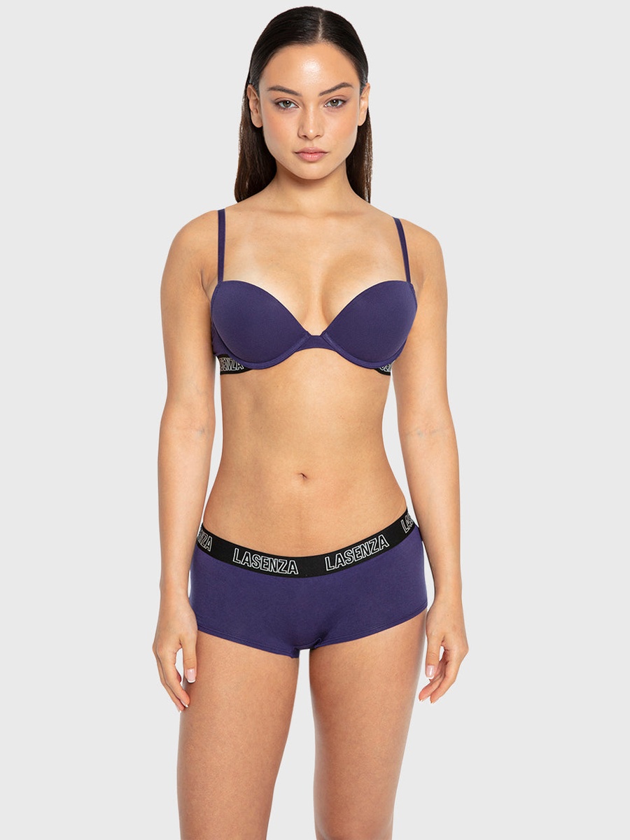 Dark Blue Cotton Logo Band Push Up Bra