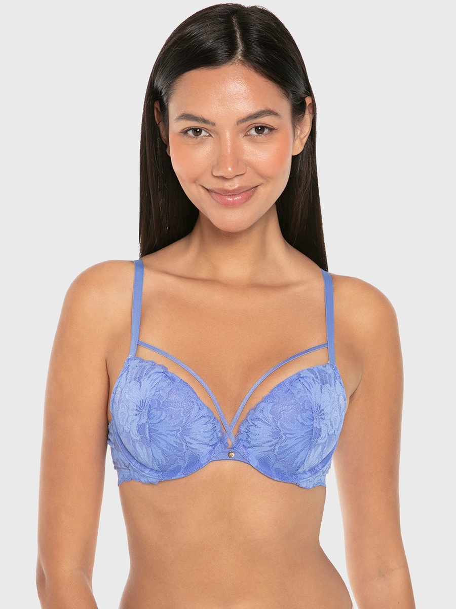 Blue Floral Lace Gel Padding Plunge Bra