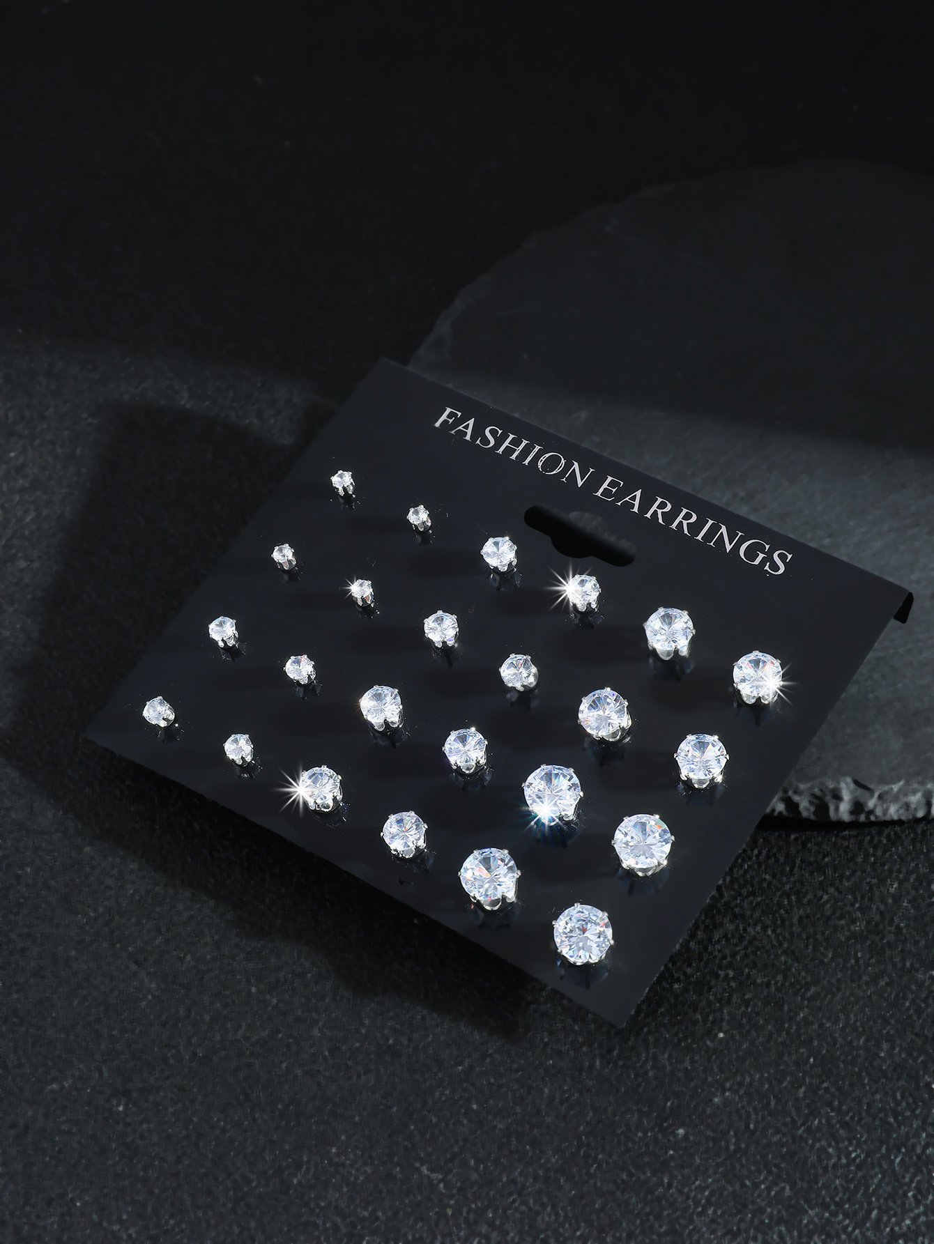 White Zirconia Stud Earrings Set - 12 Pairs