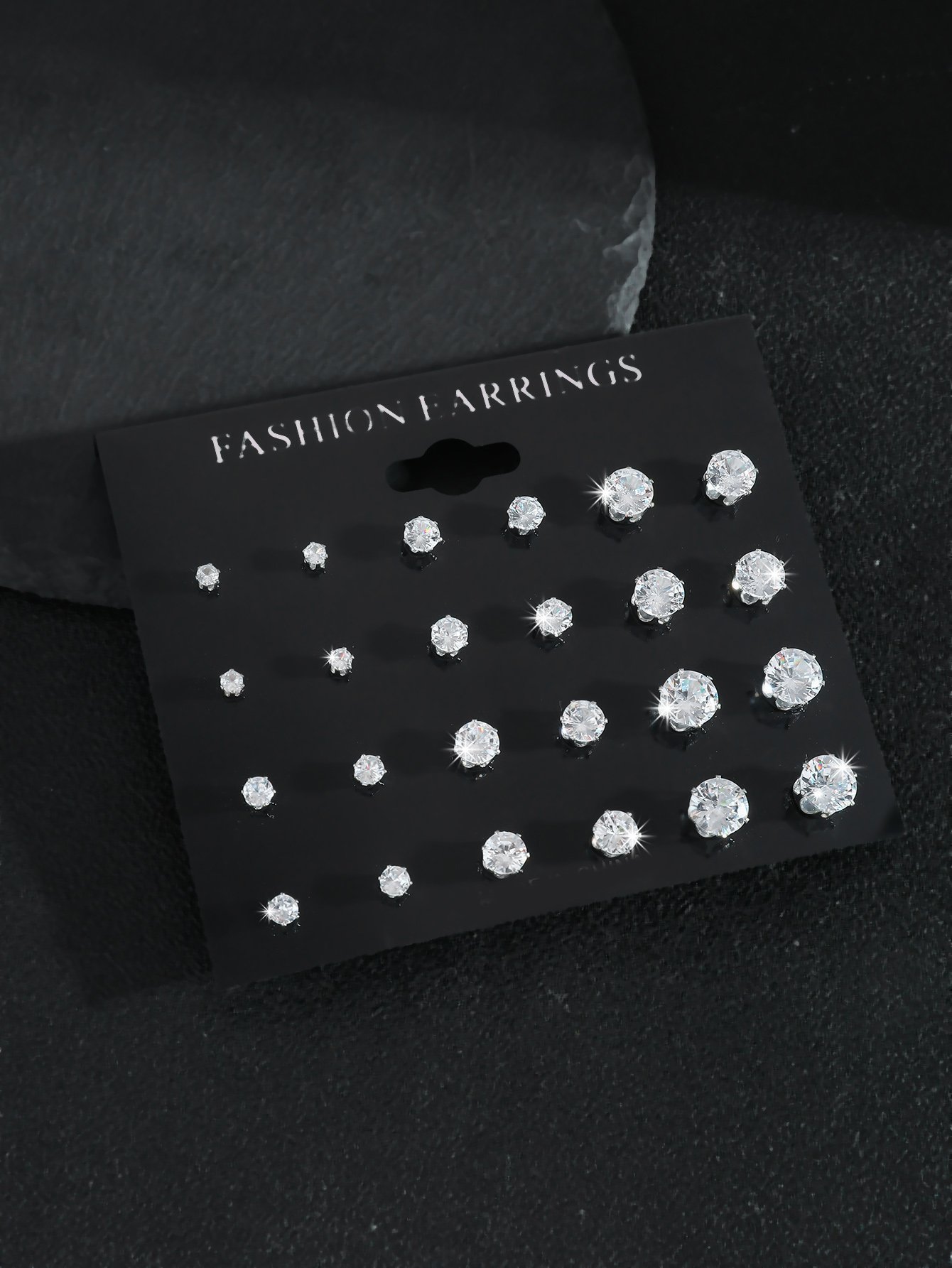 White Zirconia Stud Earrings Set - 12 Pairs
