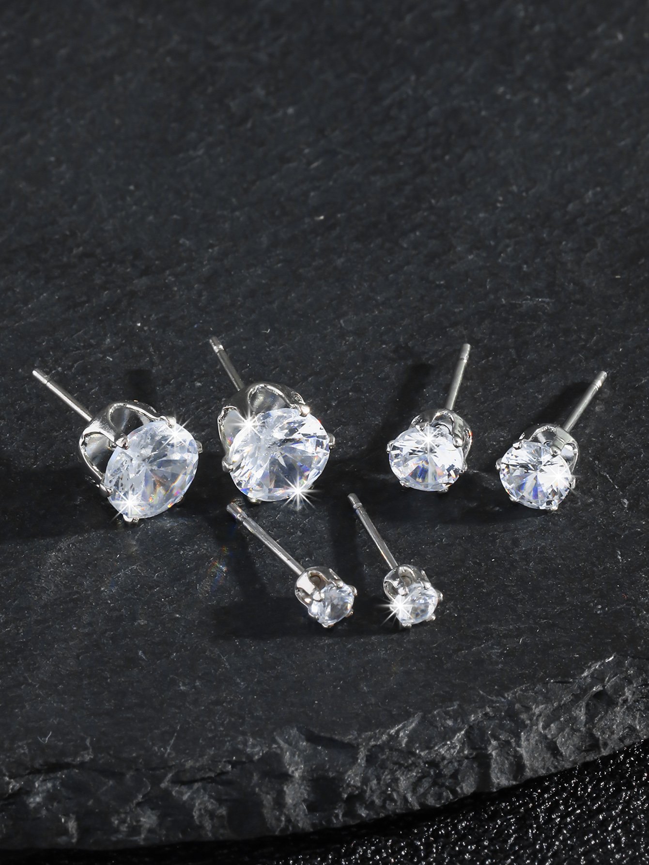 White Zirconia Stud Earrings Set - 12 Pairs