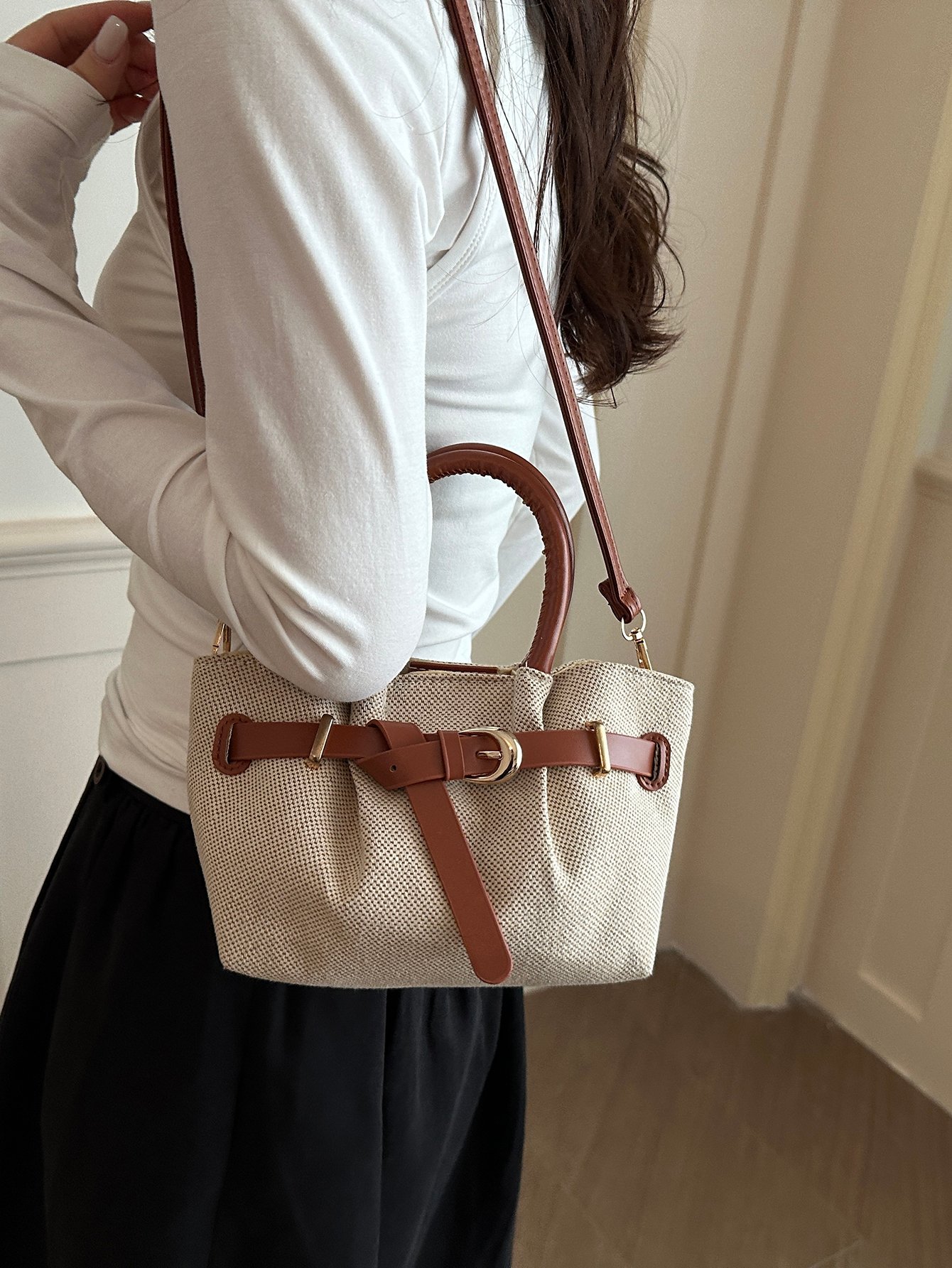 Cream Canvas Handbag with Tan Belt Detail