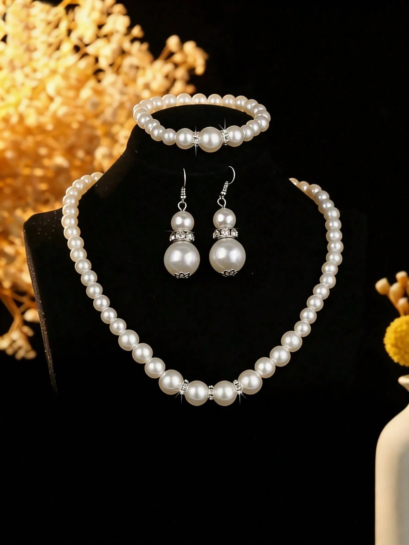Faux Pearl Jewelry Set with Necklace, Bracelet and Earrings 3-Piece