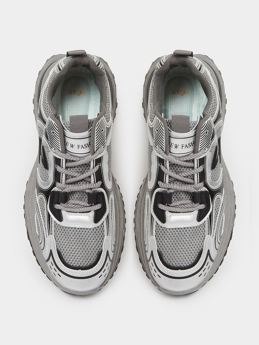 Grey Chunky Lace-Up Sneakers
