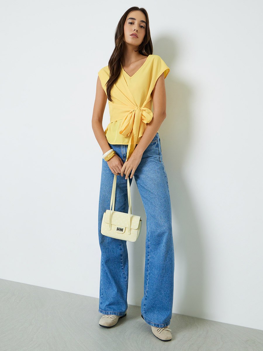 Yellow Regular Length V-Neck Tie-Front Blouse