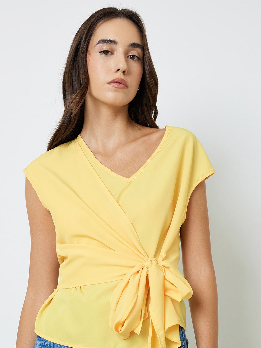 Yellow Regular Length V-Neck Tie-Front Blouse