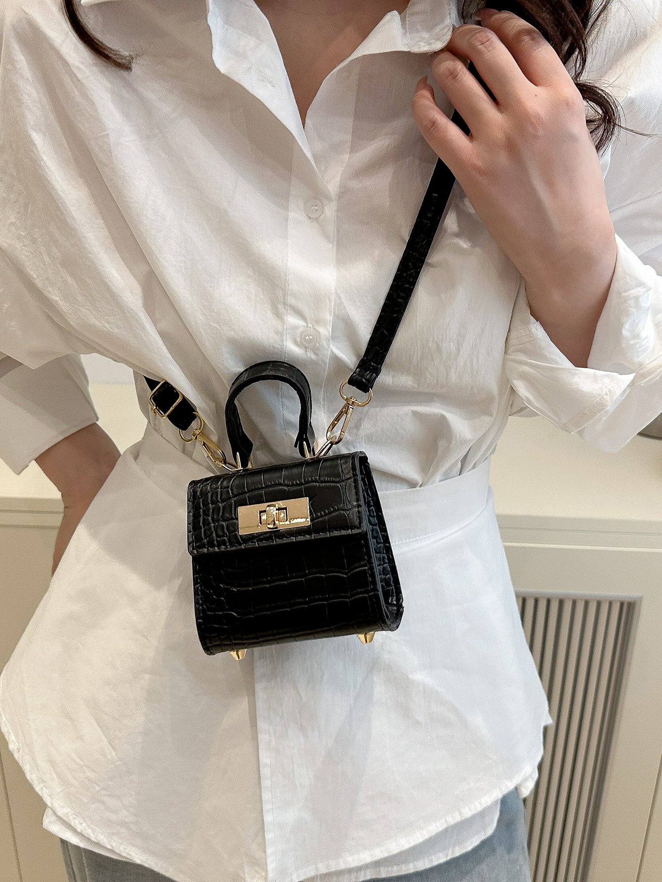 Black Croc-Effect Mini Crossbody Bag