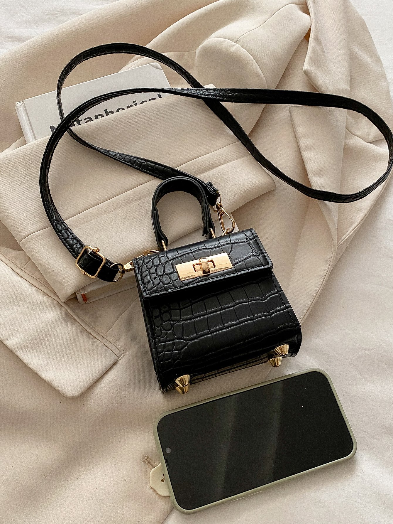 Black Croc-Effect Mini Crossbody Bag