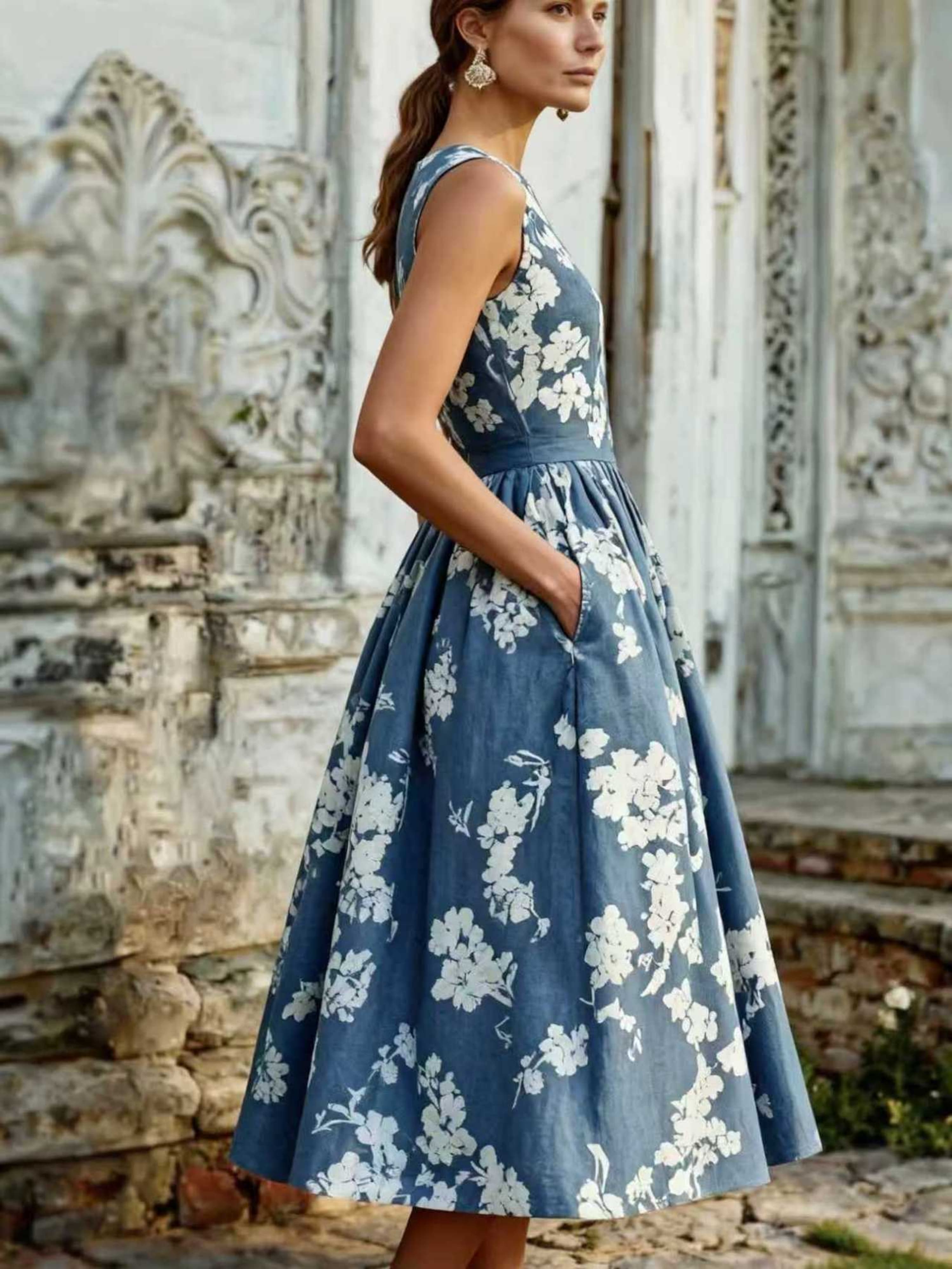 Blue Floral Sleeveless A-Line Midi Dress with Pockets