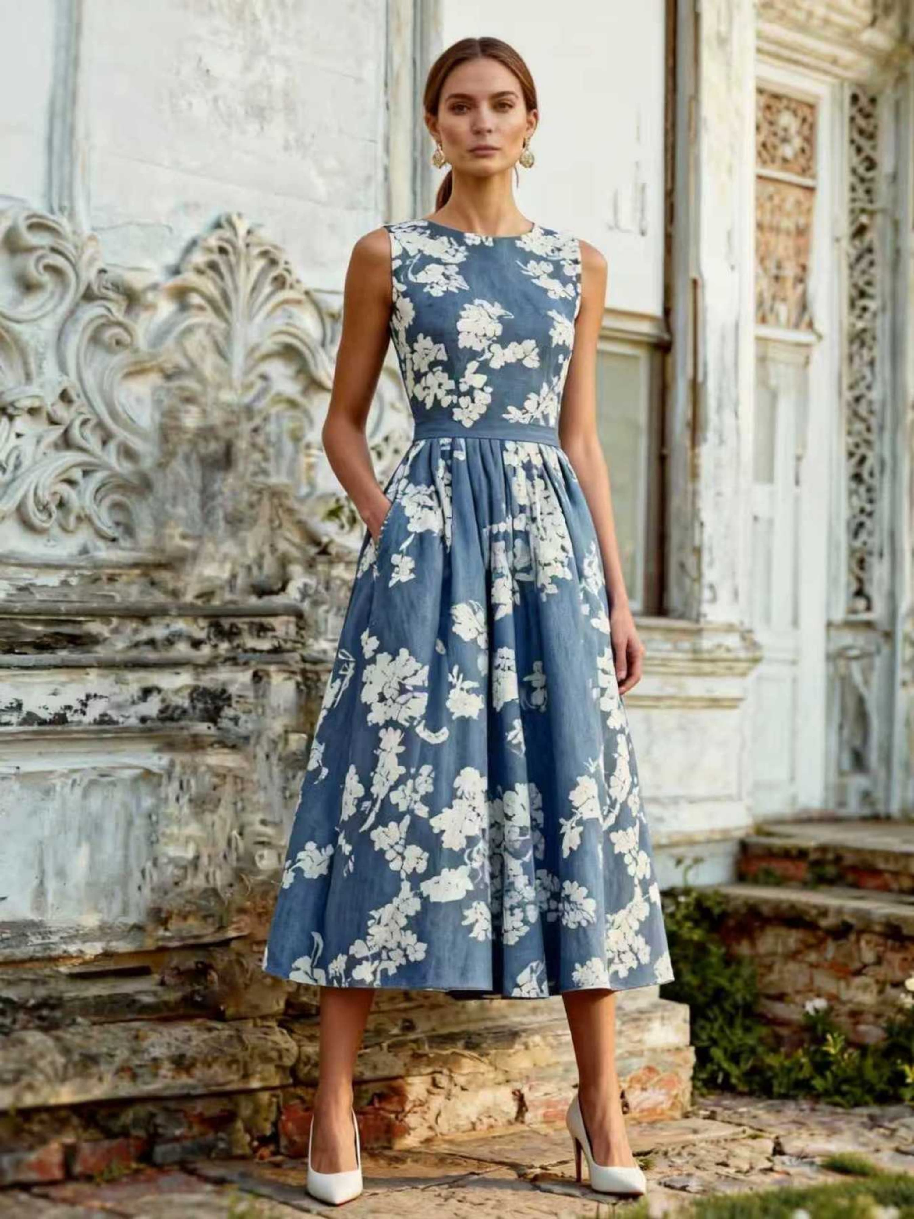 Blue Floral Sleeveless A-Line Midi Dress with Pockets