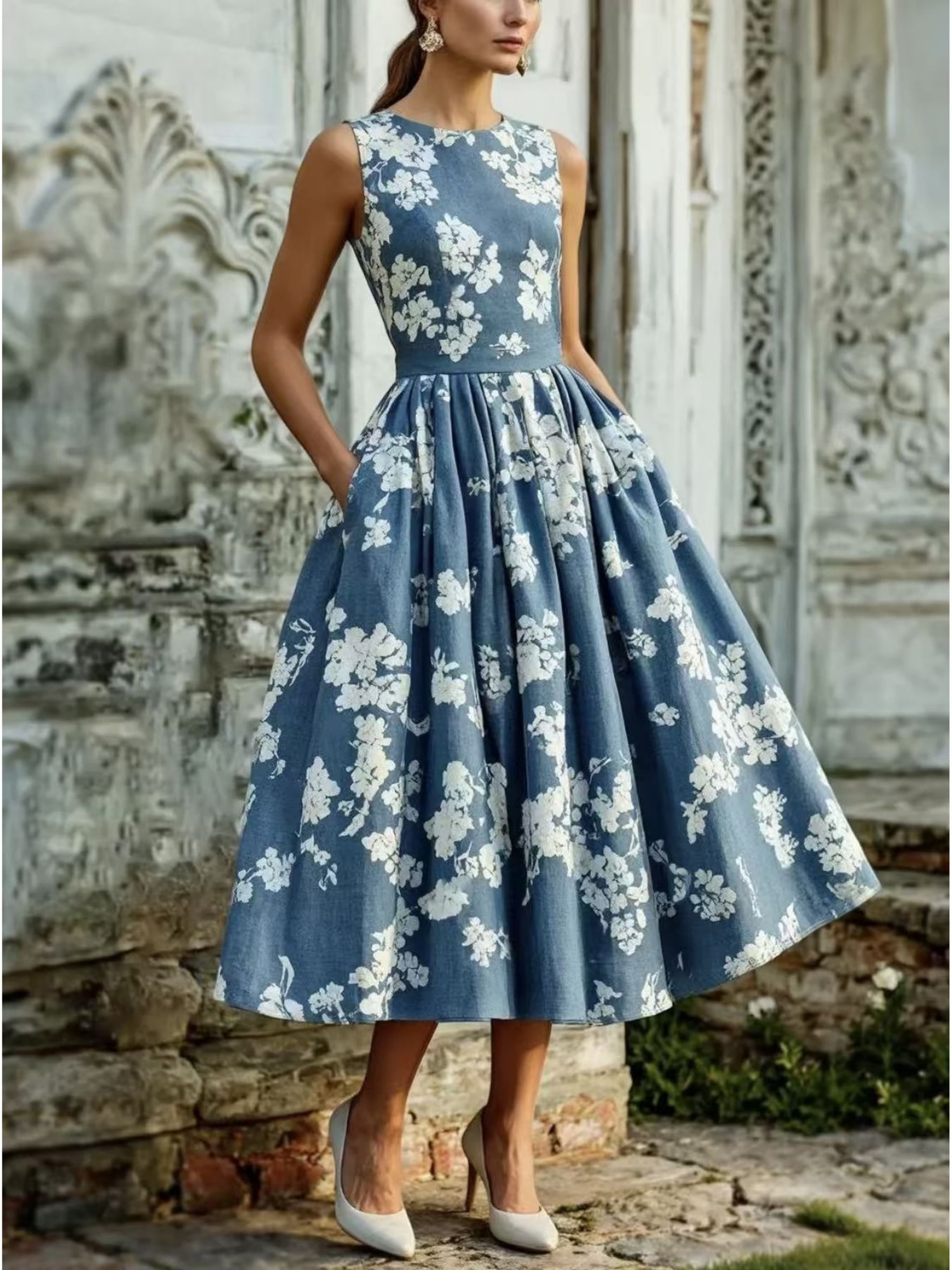 Blue Floral Sleeveless A-Line Midi Dress with Pockets