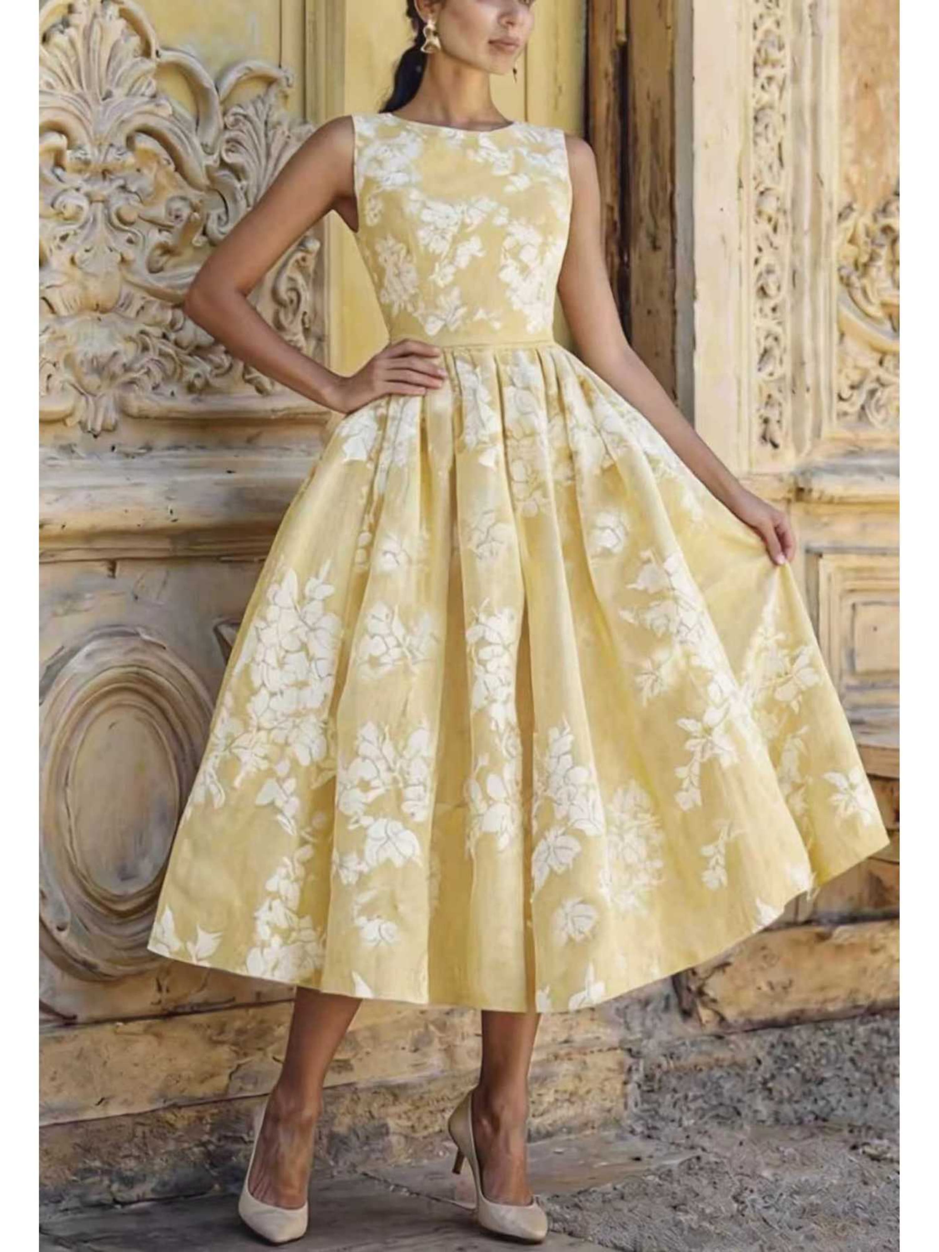 Yellow Floral Sleeveless A-Line Midi Dress 
