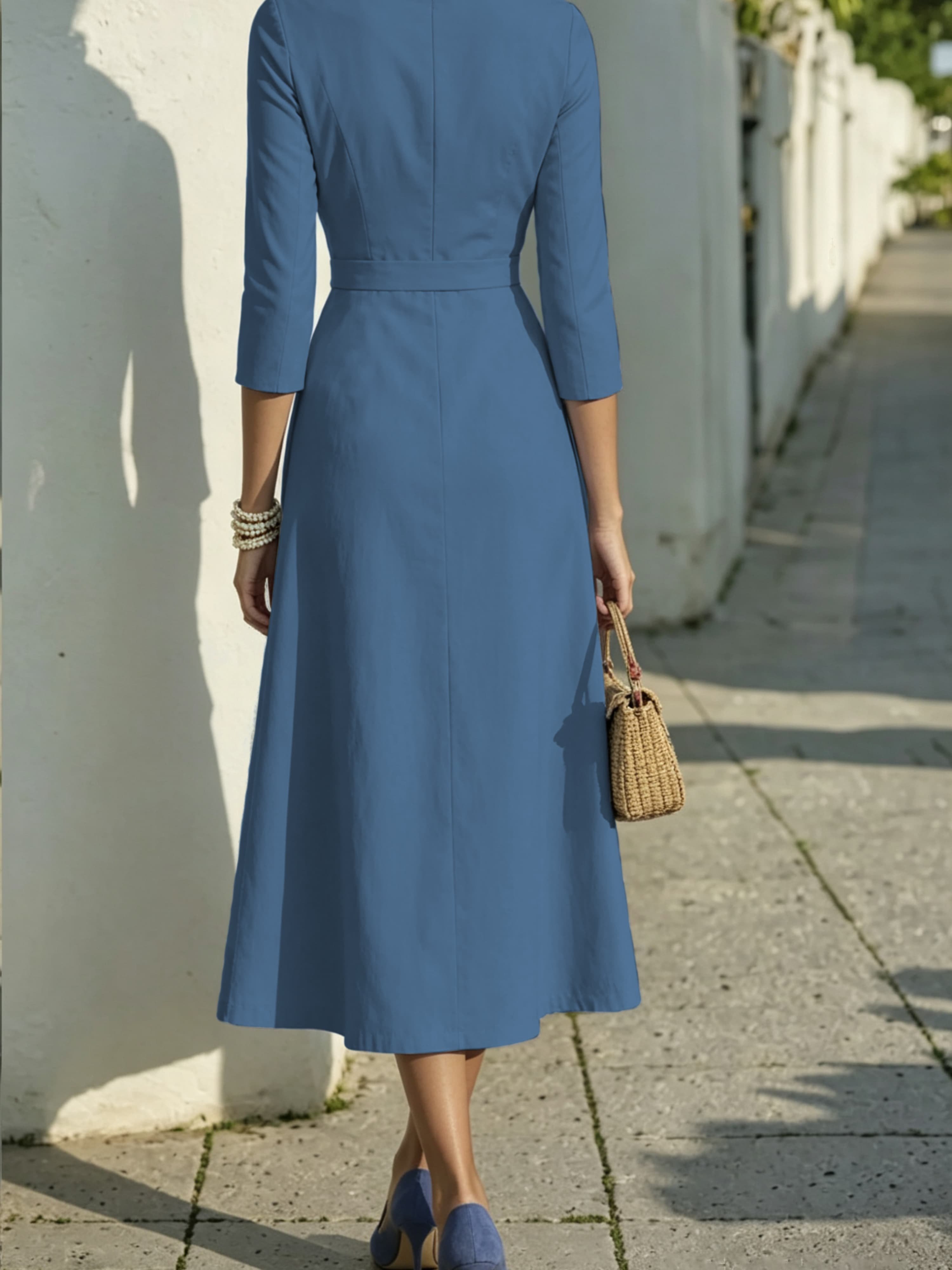 Dark Blue A-Line Maxi Dress with 3/4 Sleeves