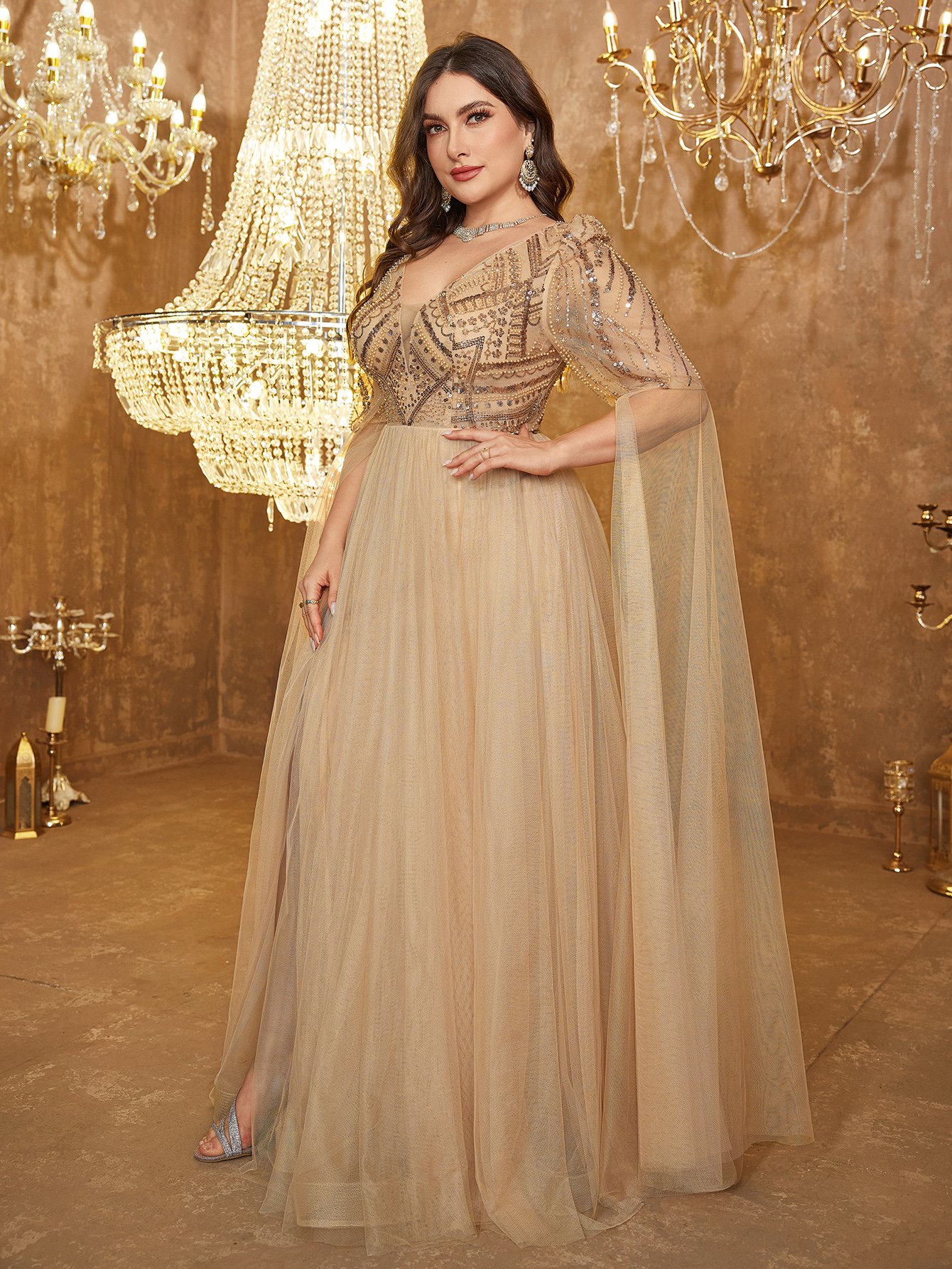 Plus Size Gold Cape Sleeves Tulle Embellished A-Line Maxi Dress