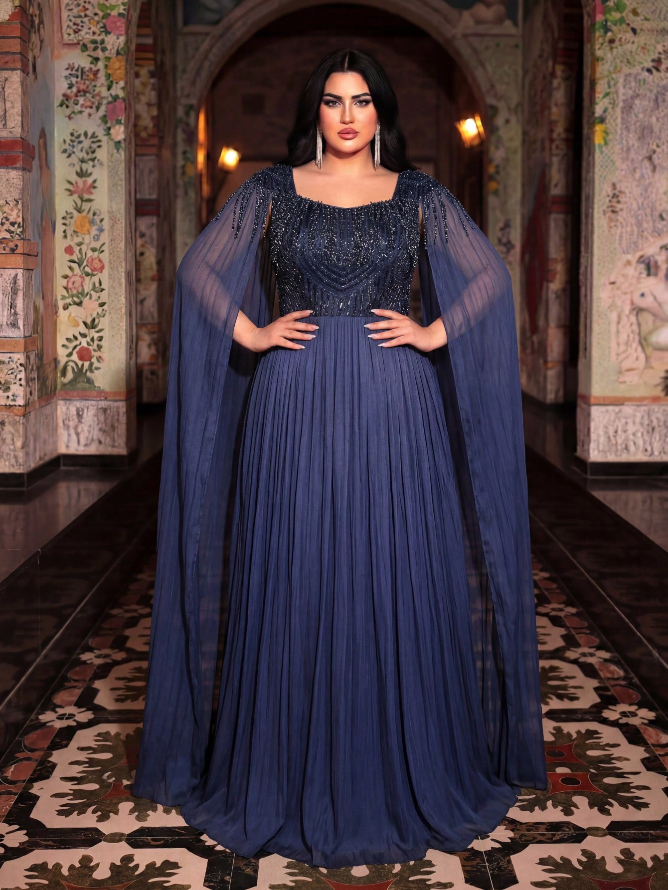 Plus Size Nave Blue Beads Embellished Cape Sleeves A-Line Maxi Dress