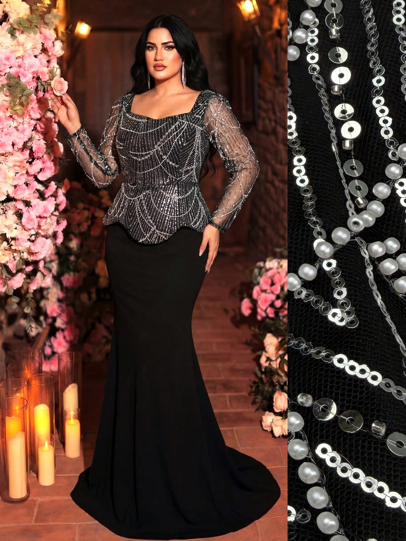 Plus Size Black Beaded Sequin Maxi Dress