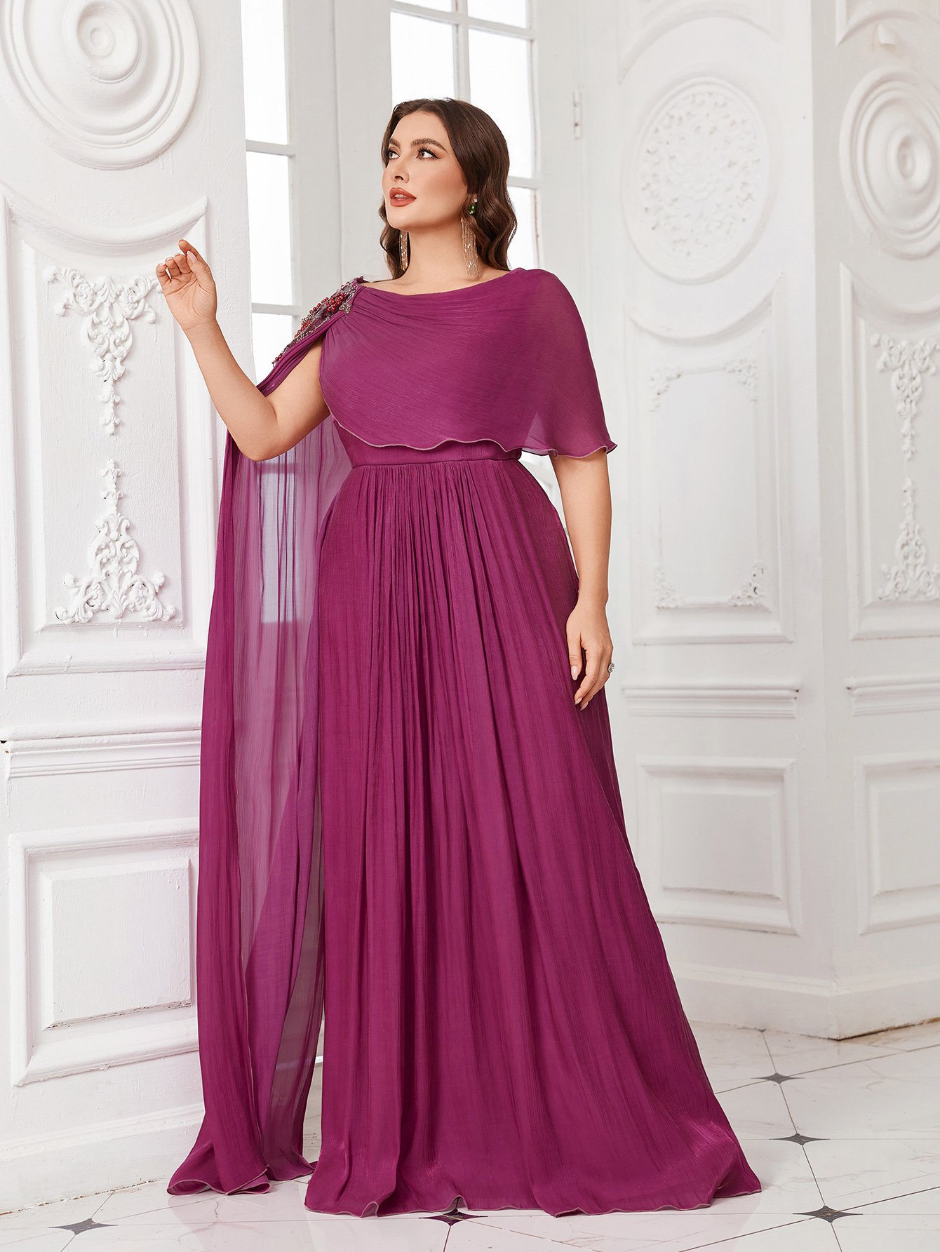 Plus Size Purple Embellished Shoulder A-Line Maxi Dress