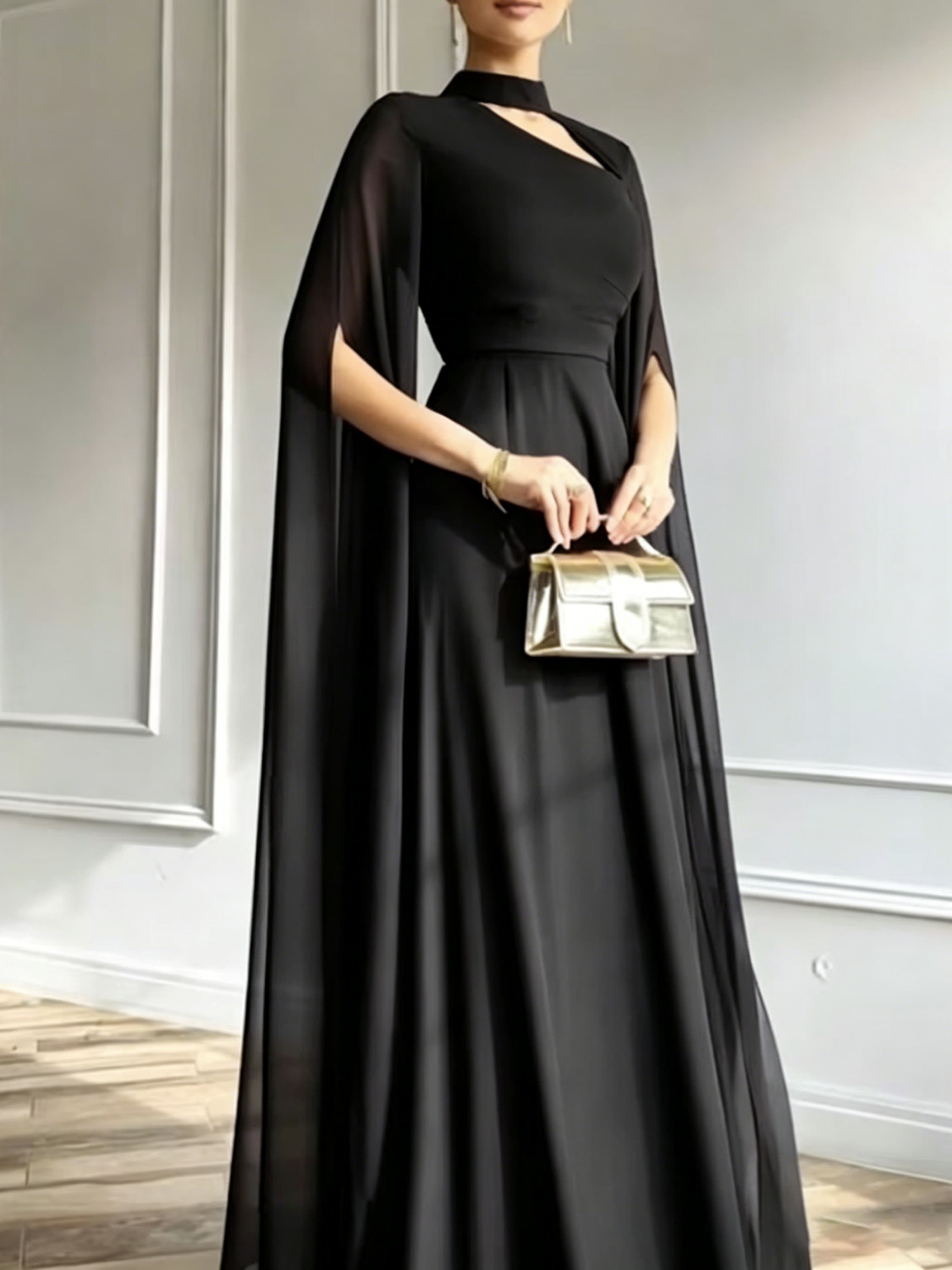 Black A-Line Chiffon Maxi Dress with Cape Sleeves