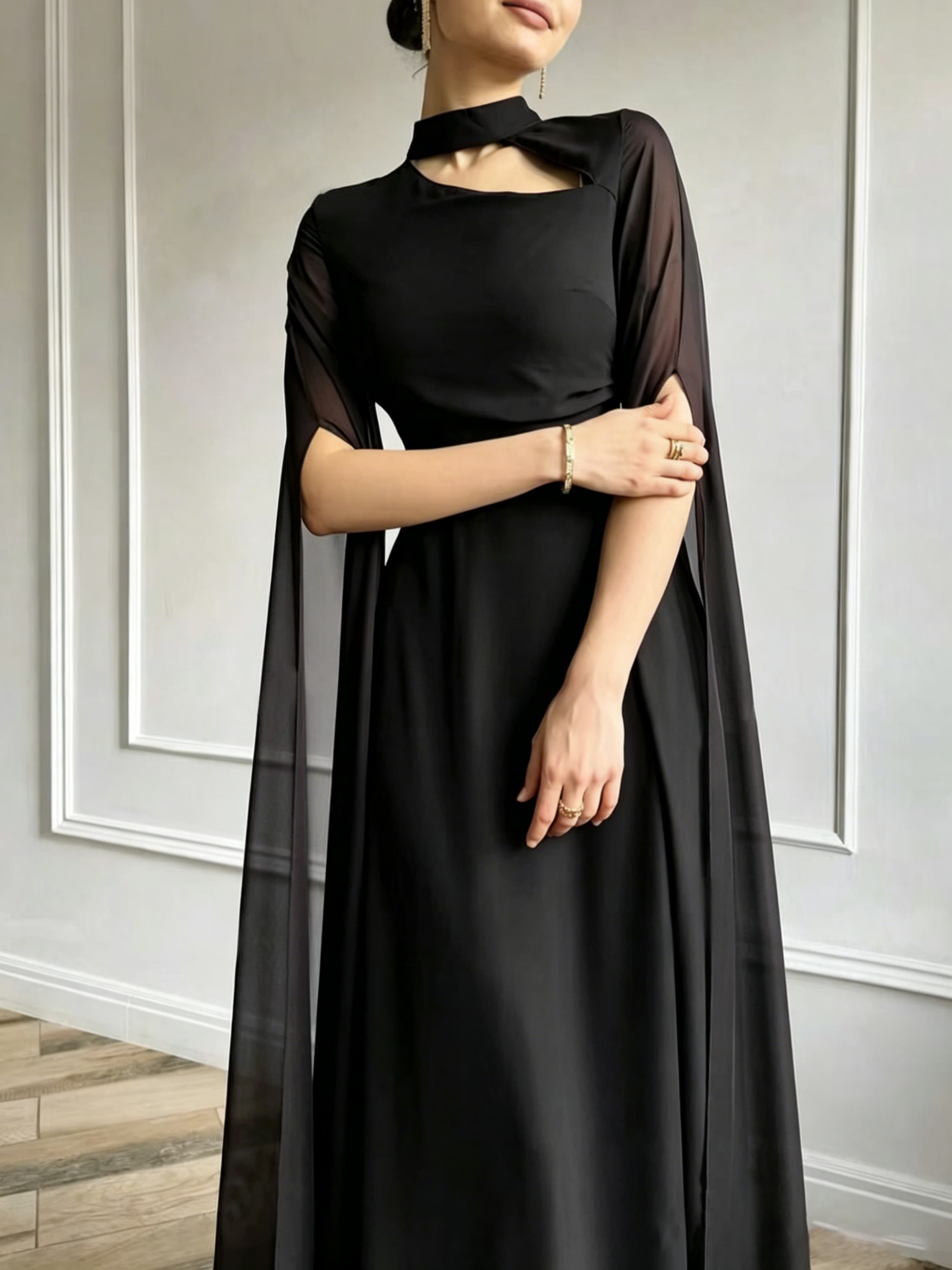 Black A-Line Chiffon Maxi Dress with Cape Sleeves