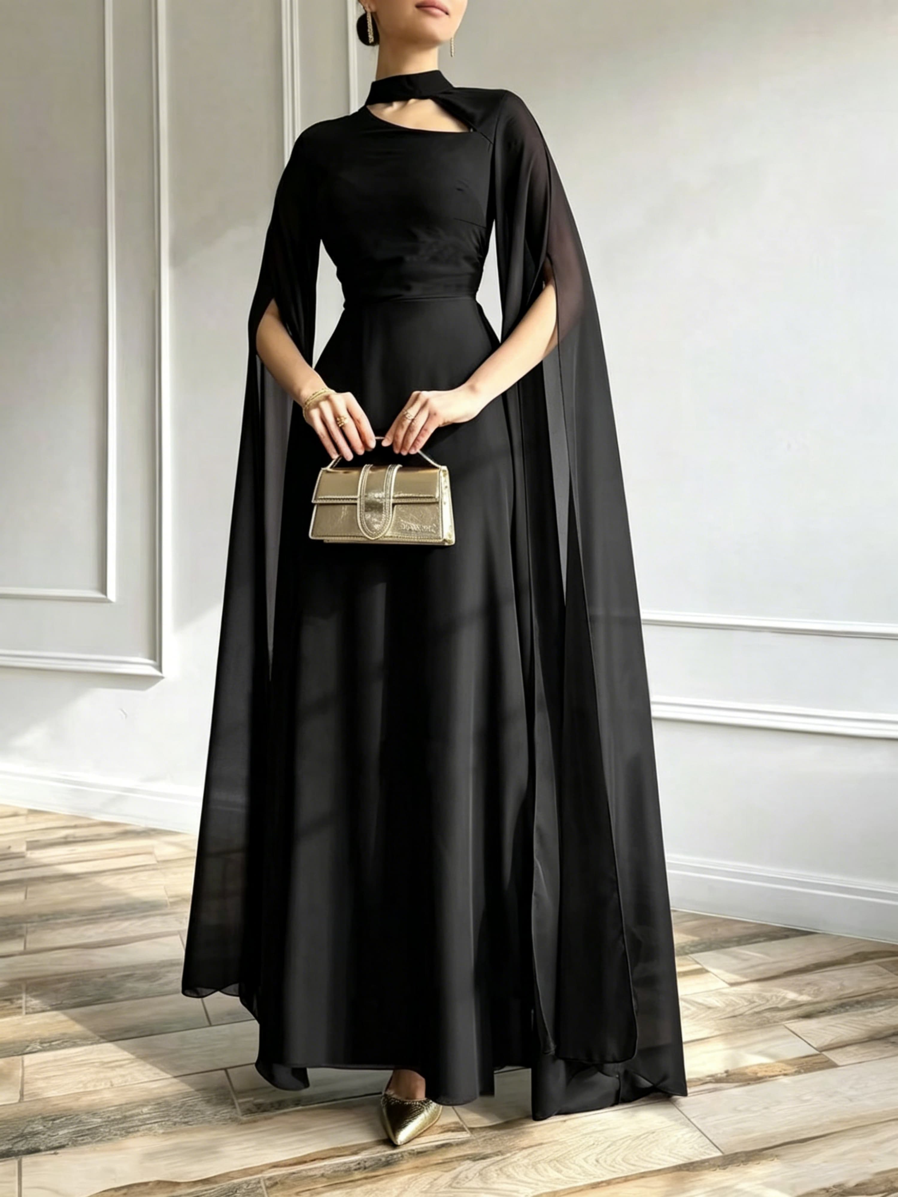 Black A-Line Chiffon Maxi Dress with Cape Sleeves