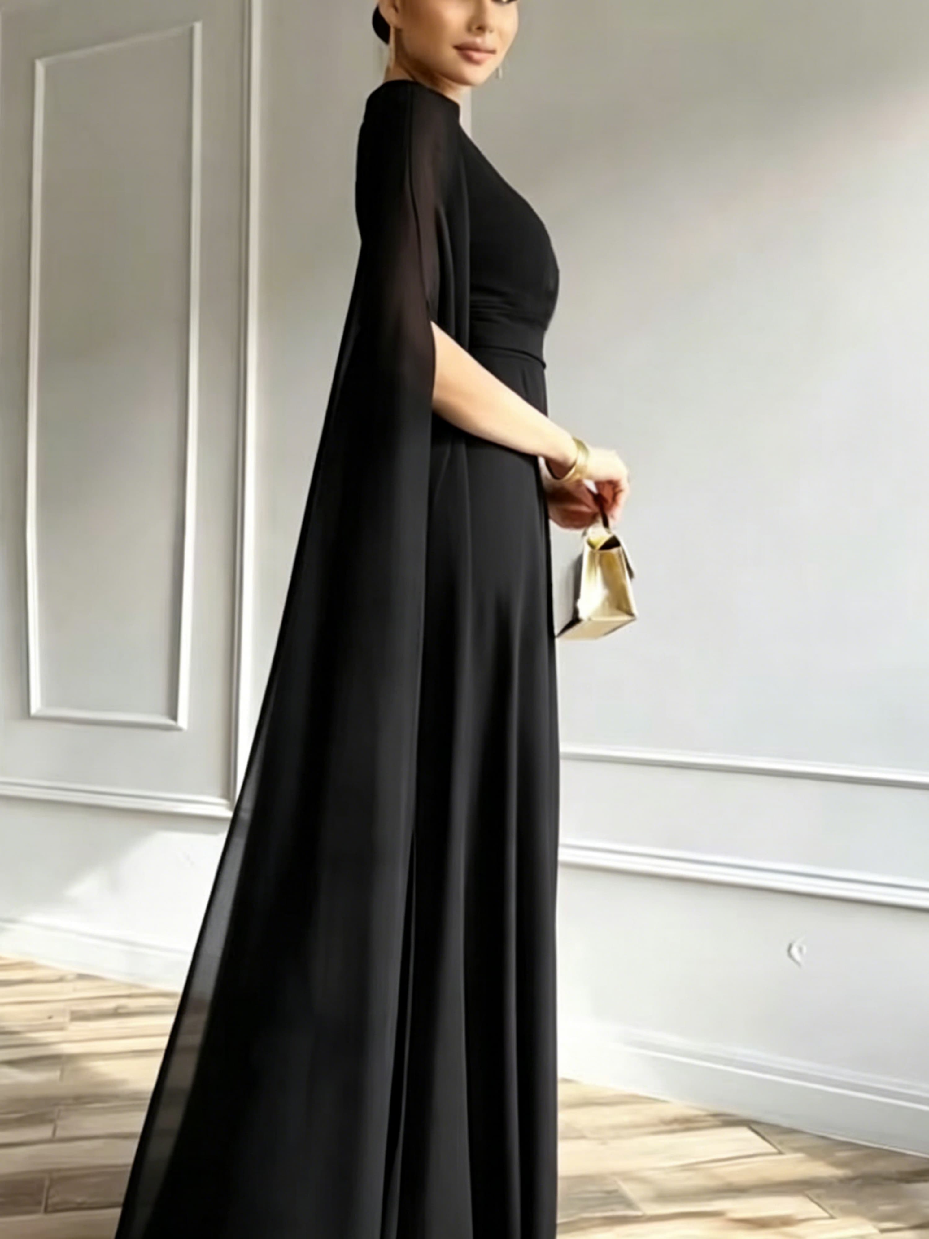 Black A-Line Chiffon Maxi Dress with Cape Sleeves