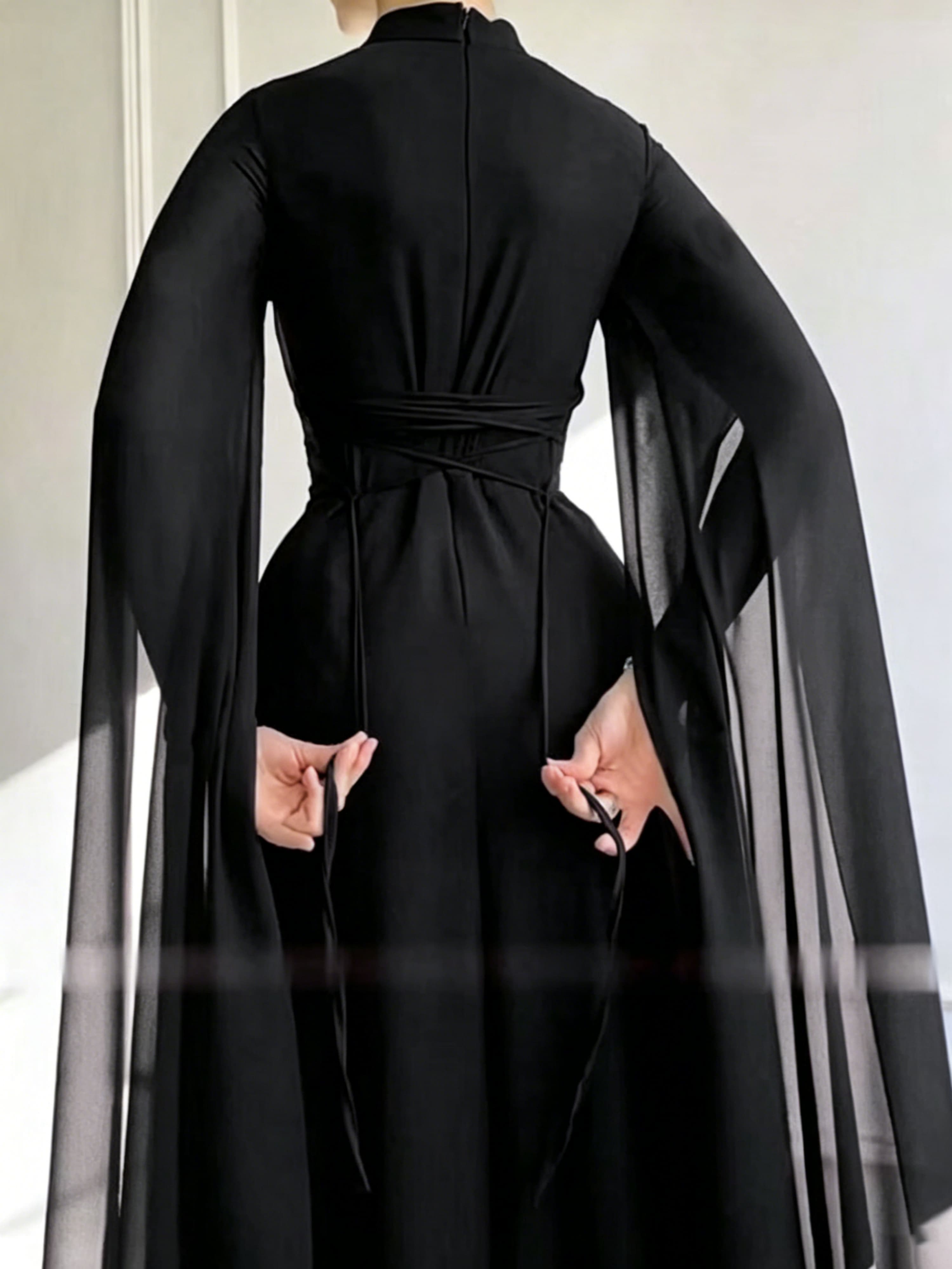 Black A-Line Chiffon Maxi Dress with Cape Sleeves