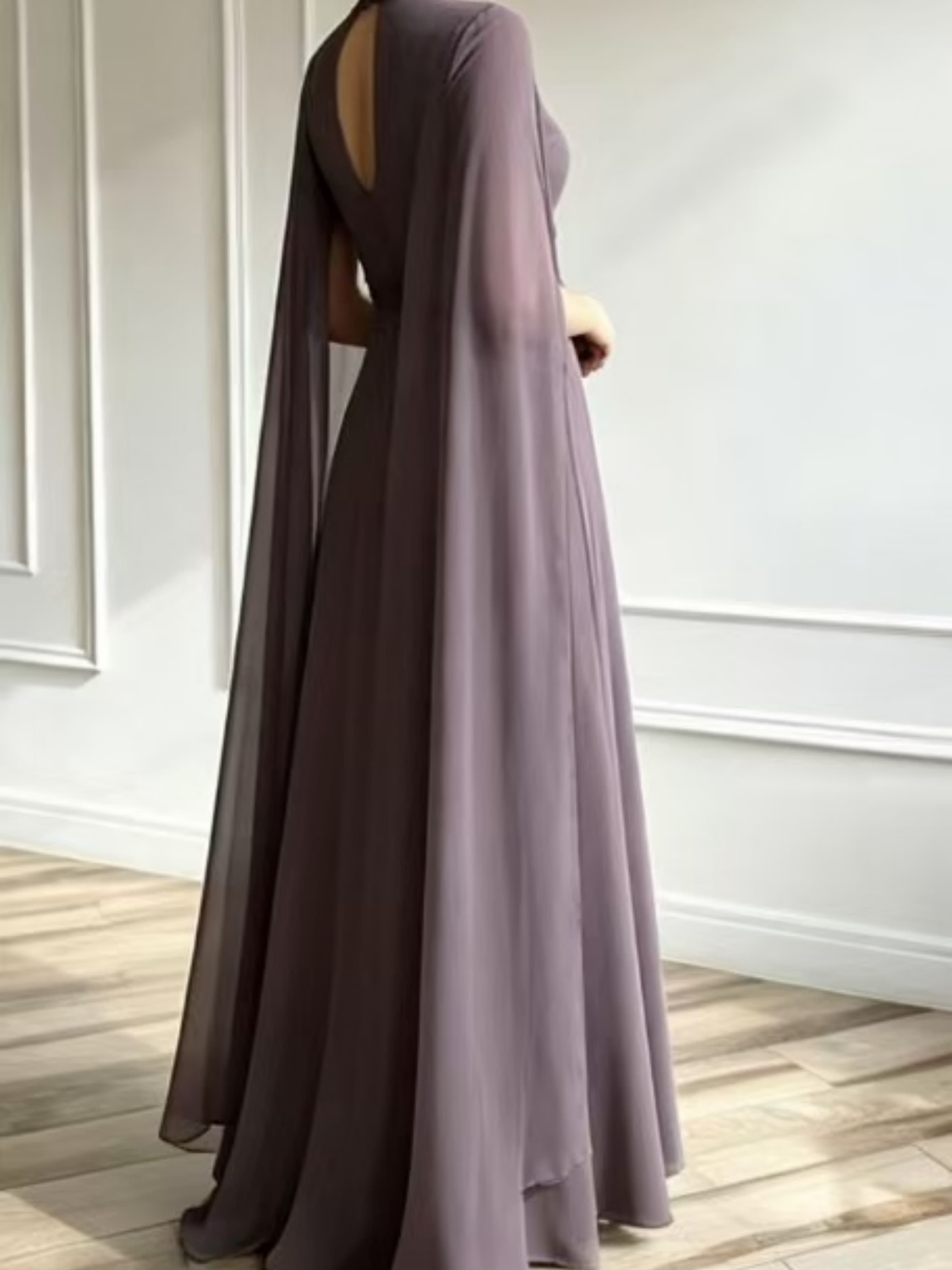 Purple A-Line Maxi Dress with Cape Sleeves